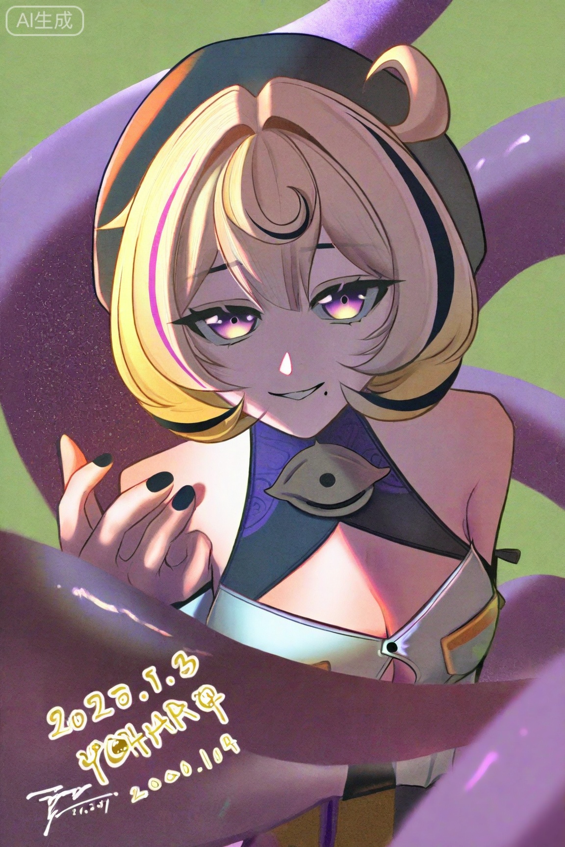 Yidhari\(ZenlessZoneZero\), 1girl, breasts, virtual youtuber, blonde hair, solo, cleavage, black headwear, mole under mouth, short hair, ahoge, hat, dated, smile, tentacles, clothing cutout, multicolored hair, nail polish, black nails, cleavage cutout, medium breasts, looking at viewer, detached sleeves, purple eyes, bare shoulders, signature, mole, streaked hair, beret, shirt