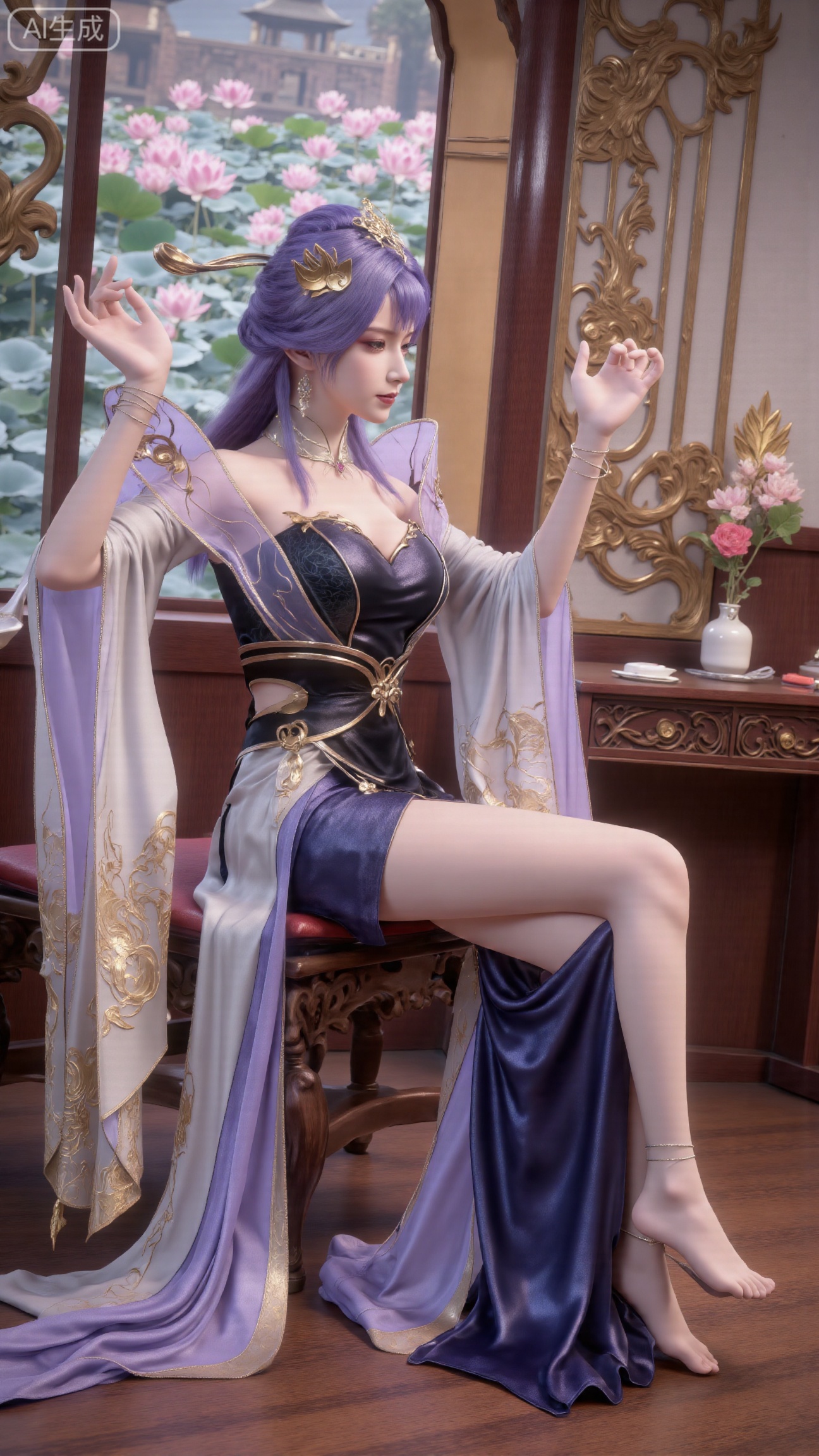 (masterpiece, best quality:1.2),1girl, solo, long dress,Ancient princesss boudoir with bright color palette,,(huge breasts:2.59),(full breasts:2.39), Hanfu-clad maiden sitting by latticed window desk in romantic daydreaming posture, classical Chinese garden through window showcasing lotus pond filled with blooming pink and white lotuses, delicate ink-wash painting style, interior featuring rosewood furniture with mother-of-pearl inlay, silk curtains fluttering in breeze, porcelain stationery set on desk, distant view of curved bridges and pavilions in garden, ultra HD rendering with crisp details on embroidered garments and translucent lotus petals,,(huge breasts:2.99),(full breasts:2.99),,XbaifengsongyuYH,Xbigbreasts,,XtianqiongYH,XhanyunzhiXYH,Xchangtui