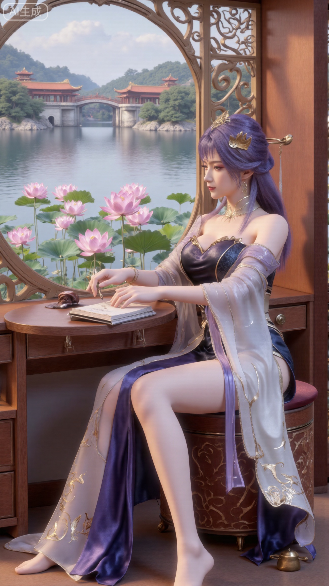 (masterpiece, best quality:1.2),1girl, solo, long dress,Ancient princesss boudoir with bright color palette,,(huge breasts:2.59),(full breasts:2.39), Hanfu-clad maiden sitting by latticed window desk in romantic daydreaming posture, classical Chinese garden through window showcasing lotus pond filled with blooming pink and white lotuses, delicate ink-wash painting style, interior featuring rosewood furniture with mother-of-pearl inlay, silk curtains fluttering in breeze, porcelain stationery set on desk, distant view of curved bridges and pavilions in garden, ultra HD rendering with crisp details on embroidered garments and translucent lotus petals,,(huge breasts:2.99),(full breasts:2.99),,XbaifengsongyuYH,Xbigbreasts,,XtianqiongYH,XhanyunzhiXYH,Xchangtui