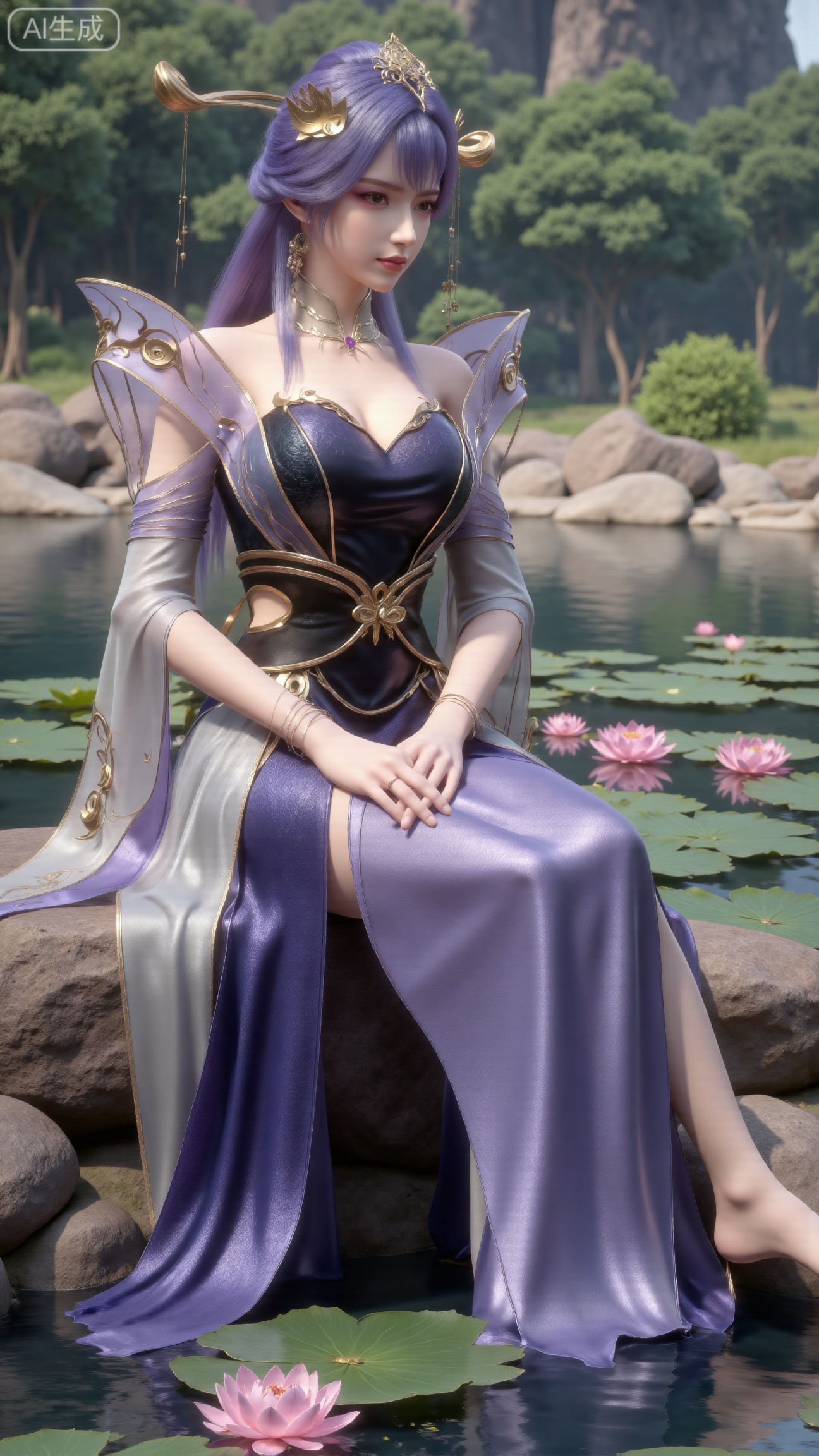  masterpiece,1girl,long hair,(Sitting by the lotus pond in the garden:1.3),(long dress:1.3),beautiful face,short sleeves,holding flower,looking at viewer,(huge breasts:2.99),(full breasts:2.99),,(Background with lotus pond and pink lotus flowers:1.39),
,XbaifengsongyuYH,Xbigbreasts,,XtianqiongYH,XhanyunzhiXYH