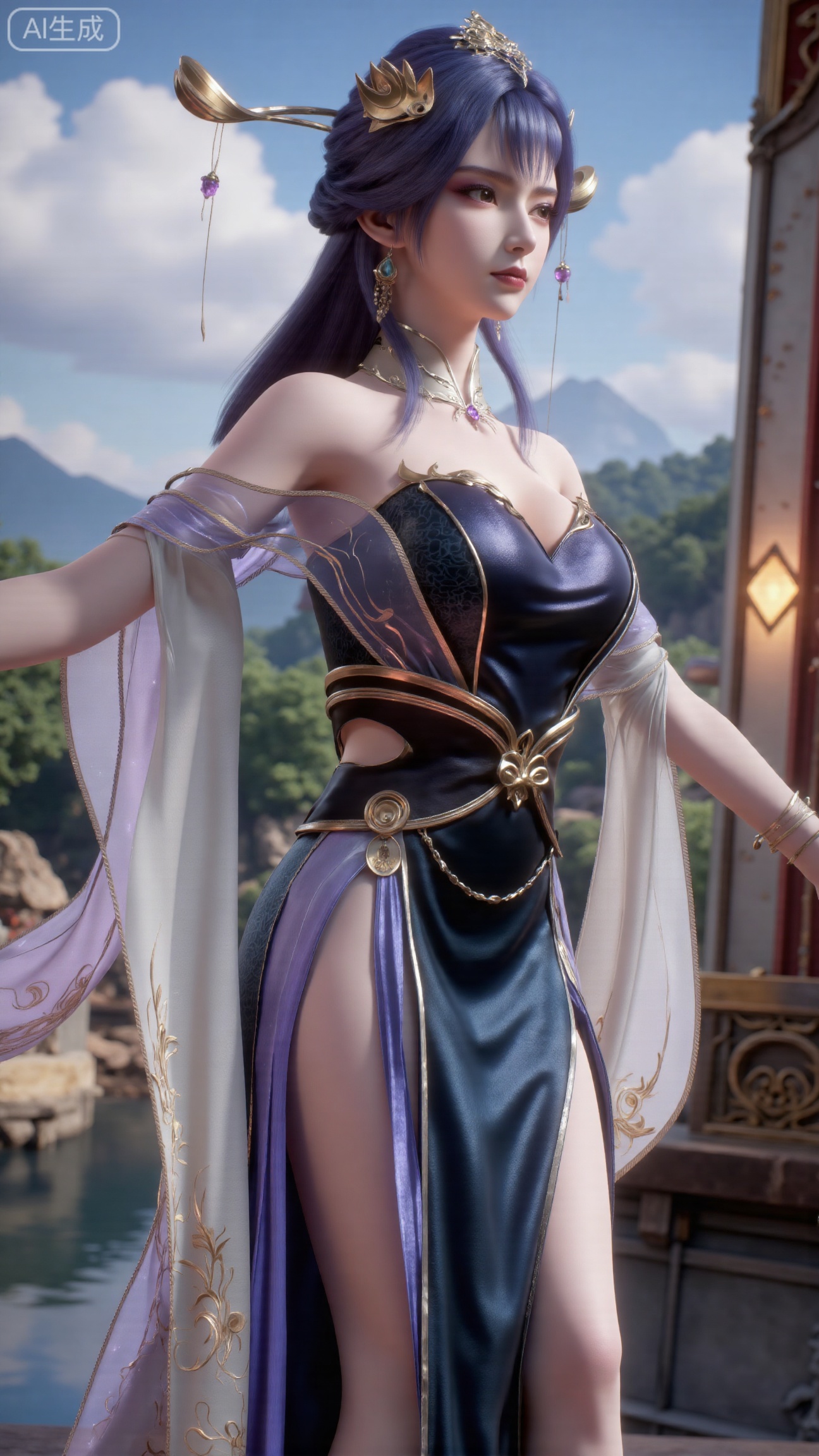 (masterpiece, best quality:1.2),1 girl, solo, long hair, black hair, hair accessories, clothing, cleavage cuts, long dress, jewelry, upper body, earrings. Background is outdoor, sky, clouds, water, trees, architecture, landscape, lantern, mountain, dragon, architecture, bridge, east Asian architecture, fog, pagoda,,(huge breasts:2.99),(full breasts:2.99),,
,XbaifengsongyuYH,Xbigbreasts,,XtianqiongYH,XhanyunzhiXYH