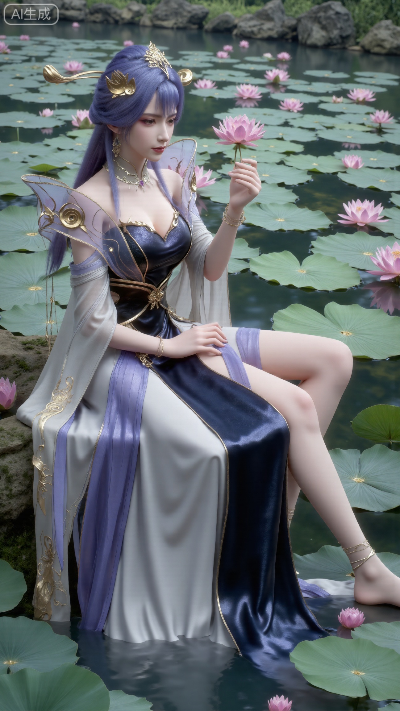  masterpiece,1girl,long hair,(Sitting by the lotus pond in the garden:1.3),(long dress:1.3),beautiful face,short sleeves,holding flower,looking at viewer,(huge breasts:2.99),(full breasts:2.99),,(Background with lotus pond and pink lotus flowers:1.39),
,XbaifengsongyuYH,Xbigbreasts,,XtianqiongYH,XhanyunzhiXYH