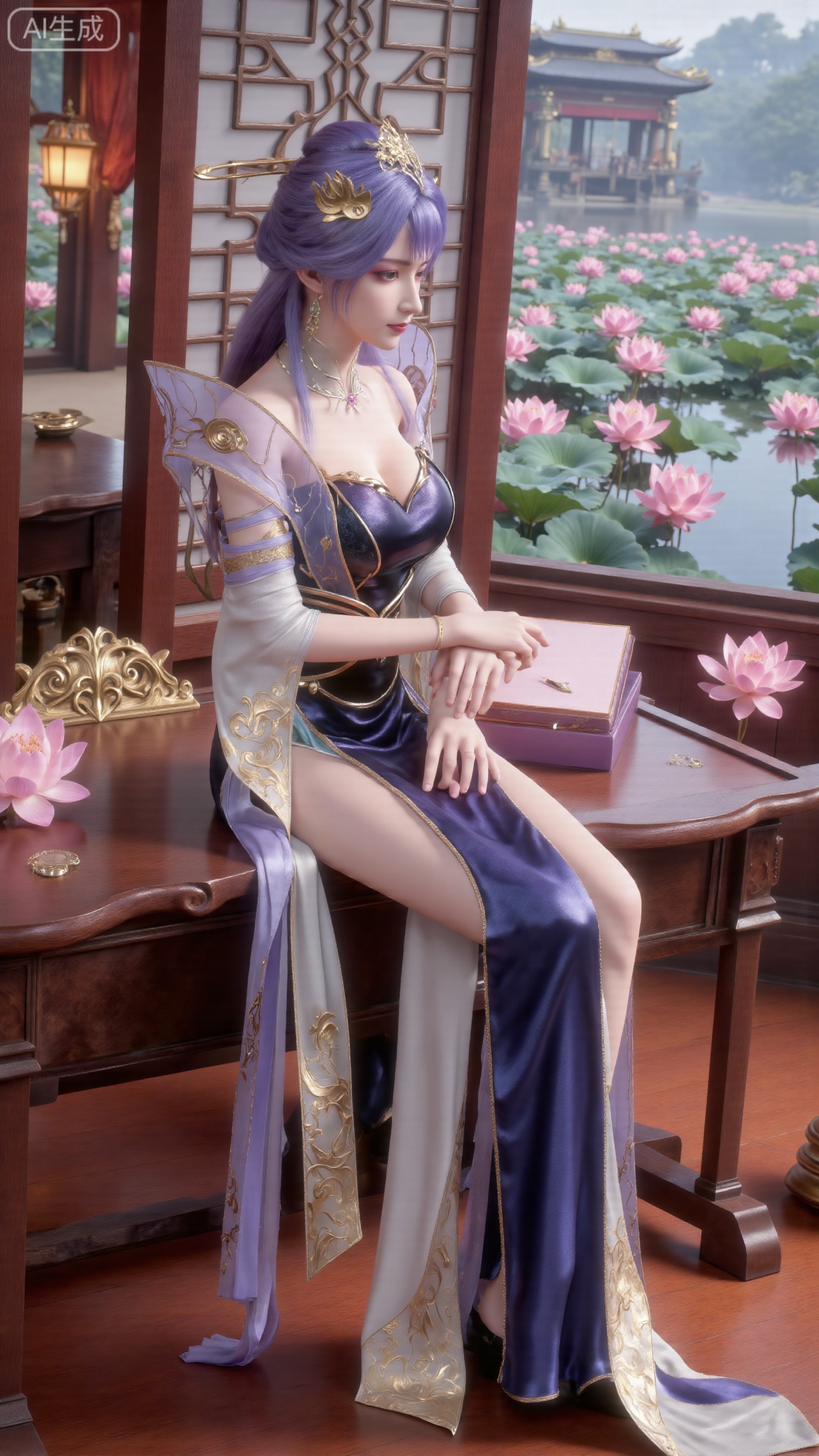 (masterpiece, best quality:1.2),1girl, solo, long dress,Ancient princesss boudoir with bright color palette,,(huge breasts:2.59),(full breasts:2.39), Hanfu-clad maiden sitting by latticed window desk in romantic daydreaming posture, classical Chinese garden through window showcasing lotus pond filled with blooming pink and white lotuses, delicate ink-wash painting style, interior featuring rosewood furniture with mother-of-pearl inlay, silk curtains fluttering in breeze, porcelain stationery set on desk, distant view of curved bridges and pavilions in garden, ultra HD rendering with crisp details on embroidered garments and translucent lotus petals,,(huge breasts:2.99),(full breasts:2.99),,XbaifengsongyuYH,Xbigbreasts,,XtianqiongYH,XhanyunzhiXYH,Xchangtui
