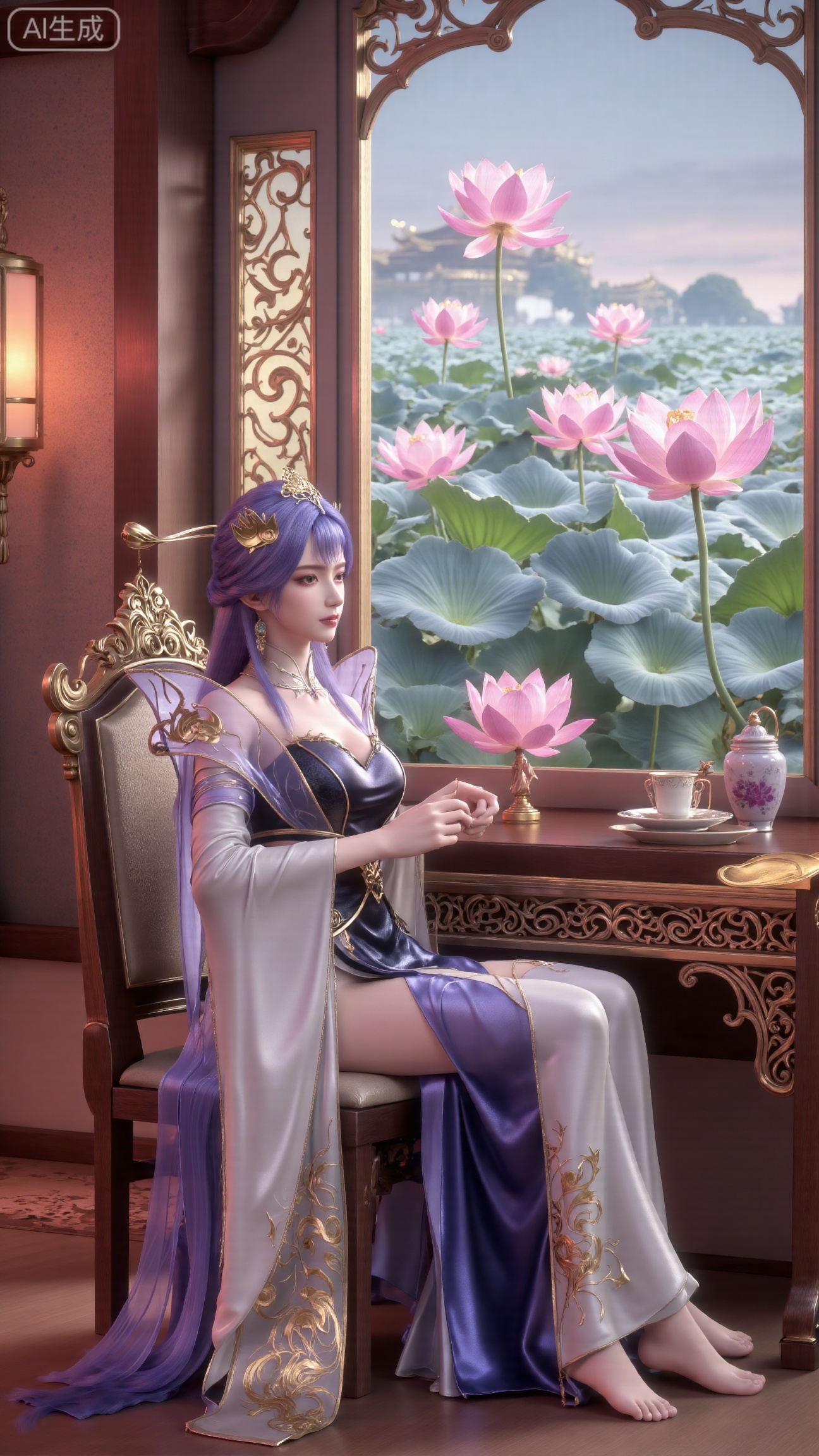 (masterpiece, best quality:1.2),1girl, solo, long dress,Ancient princess's boudoir with bright color palette,,(huge breasts:2.59),(full breasts:2.39), Hanfu-clad maiden sitting by latticed window desk in romantic daydreaming posture, classical Chinese garden through window showcasing lotus pond filled with blooming pink and white lotuses, delicate ink-wash painting style, interior featuring rosewood furniture with mother-of-pearl inlay, silk curtains fluttering in breeze, porcelain stationery set on desk, distant view of curved bridges and pavilions in garden, ultra HD rendering with crisp details on embroidered garments and translucent lotus petals,,(huge breasts:2.99),(full breasts:2.99),Xbigbreasts,XbaifengsongyuYH,XliuyuYH2,XanmyXM,XlanxianYH,XtianqiongYH,Xxiantainvzi