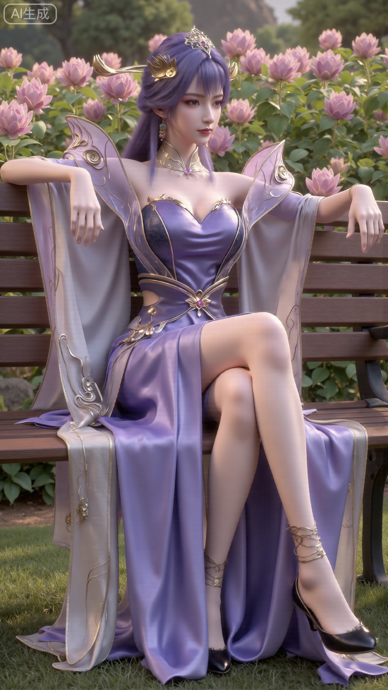 (masterpiece, best quality:1.2),A beauty ,(light purple long dress). black Stockings, high heels,, paired with a sheer knitted cardigan and Mary Jane shoes. Leaning on a garden bench filled with macaron - colored flowers,.Sunlight filters through the leaves onto her face, creating a lazy and gentle atmosphere, and her skirt sways softly in the breeze. 8K resolution, detailed texture of knitted fabric, lustrous pearl texture, vivid flower colors, soft natural light, Instagram - style filter texture.,(huge breasts:2.99),(full breasts:2.99),,Xbigbreasts,XbaifengsongyuYH,XliuyuYH2,XanmyXM,XlanxianYH,XtianqiongYH,Xxiantainvzi