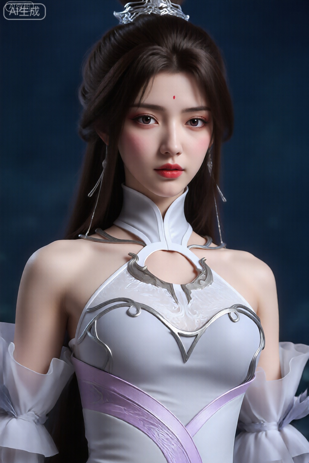 图像描绘了一位年轻女子,她留着深棕色长发,盘成优雅的髻,戴着银色假发。她的头发光滑有光泽,有几缕垂在肩上。她肤色白皙,一双大眼睛富有表情,睫毛又长又黑。她的嘴唇被涂成鲜红色,额头上眉毛之间有一个小红点,在某些文化中被称为宾迪。 她穿着一套白色和银色的高领服装,上面有复杂的银色设计,胸部有一个钥匙孔。这套服装具有紧身胸衣般的外观,紫色腰带在她的躯干上形成“X”形状。该设计包括金属装饰和结构化的、几乎像盔甲一样的品质。背景是深而模糊的蓝色,这使她在图像中脱颖而出。整体风格让人想起奇幻或动漫场景中的角色。