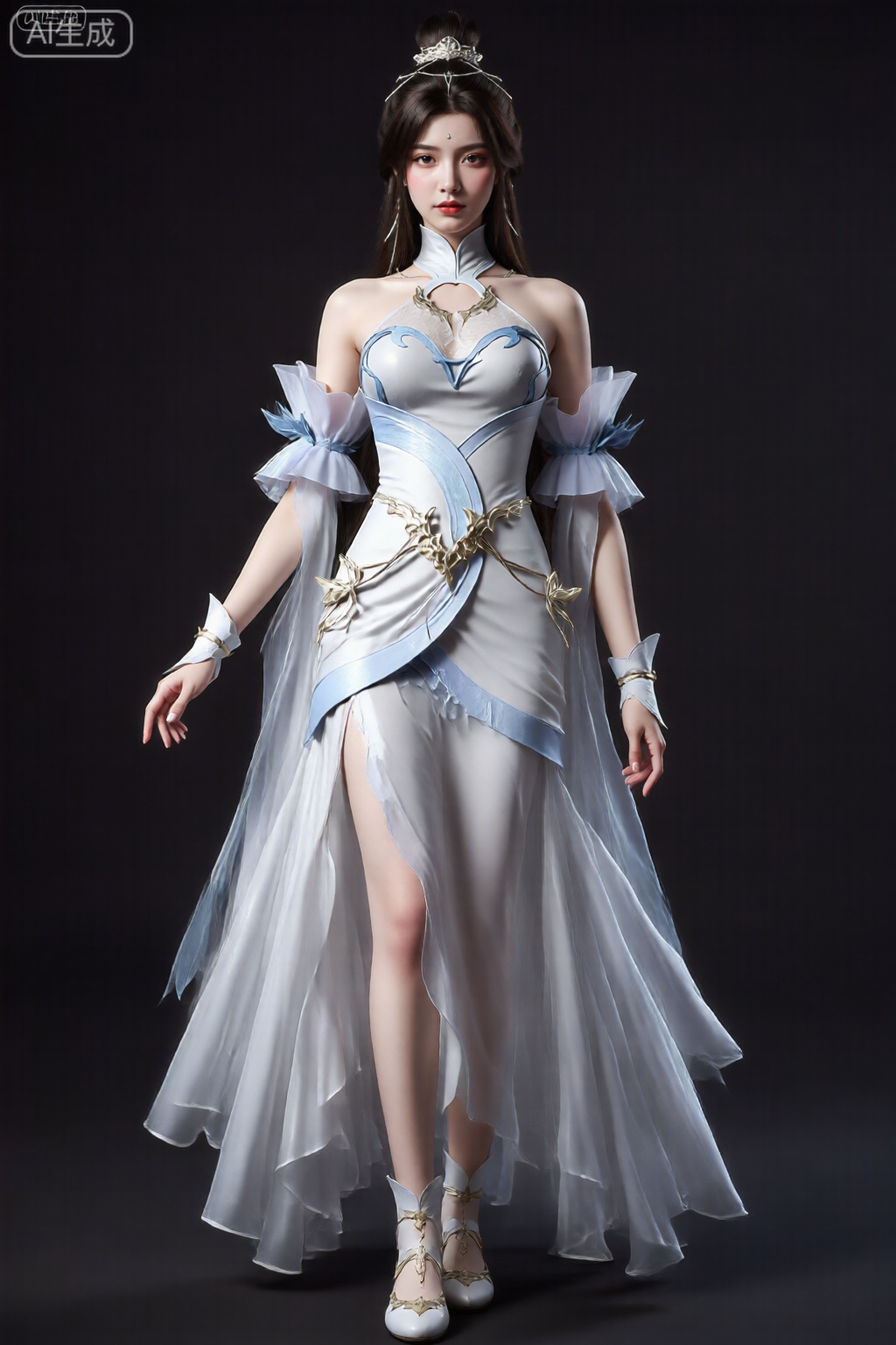 图像中一个人穿着精致的奇幻服装。服装主要是浅色、虹彩白色,带有浅蓝色点缀。这款连衣裙采用合身胸衣,鸡心领口,饰有精致的蓝色丝带状细节和复杂的金色装饰,类似于华丽的小蝴蝶或花朵。袖子采用露肩设计,采用透明荷叶边面料,模仿蝴蝶翅膀的外观,末端系有蓝色丝带。 连衣裙的裙摆长而飘逸,多层透明白色面料营造出层叠效果。一侧有一条高开衩,露出部分腿部。这个人穿着配套的带有金色装饰的白色鞋子,头发梳得光滑、笔直,戴着中央有宝石的银色头饰。 背景是纯色、深色,与服装的亮度形成鲜明对比,使细节更加突出。整体美感空灵而优雅,非常强调幻想和复杂的设计元素。