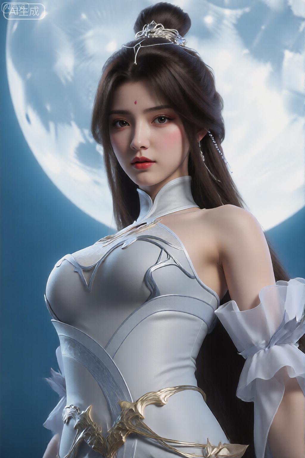 该图像描绘了一个数字渲染的女性形象,她有一头长长的深色头发,扎着高高的发髻,戴着精致的银色假发。她肤色白皙,穿着一身合身的高领白银色套装,凸显了她的身材。服装设计包括精致的金属装饰和花卉图案。她的右臂微微抬起,露出白色的荷叶边袖子,与她其他服装的时尚设计形成鲜明对比。在她身后,一轮巨大的明亮月亮占据了背景,投射出柔和、空灵的光芒,增强了场景的神圣和神秘气氛。整体构图细致、打磨,强调优雅和幻想。