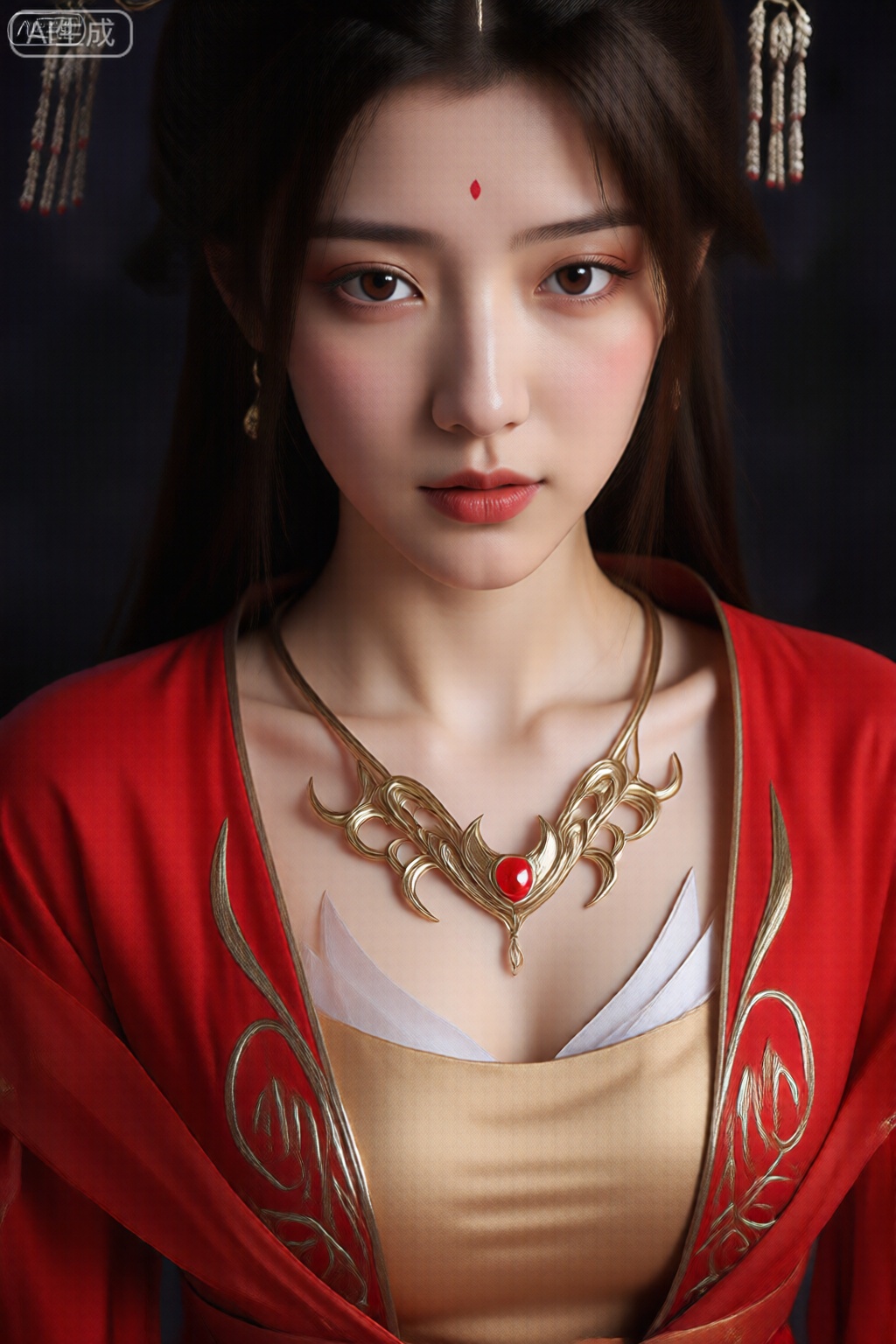 图像中的人物有着传统的深色长发,发饰从两侧垂下来。他们穿着引人注目的红色长袍,边缘饰有复杂的金银刺绣。袍子前面敞开着,露出金色的内衣。他们的脖子上挂着一条精致的金项链,中央镶嵌着一颗红色宝石,形状像华丽、对称的设计。这个人的额头上有一个小红点,这是东亚文化中常见的传统标记。背景是深色的,这使得服装和配饰的鲜艳色彩更加突出。