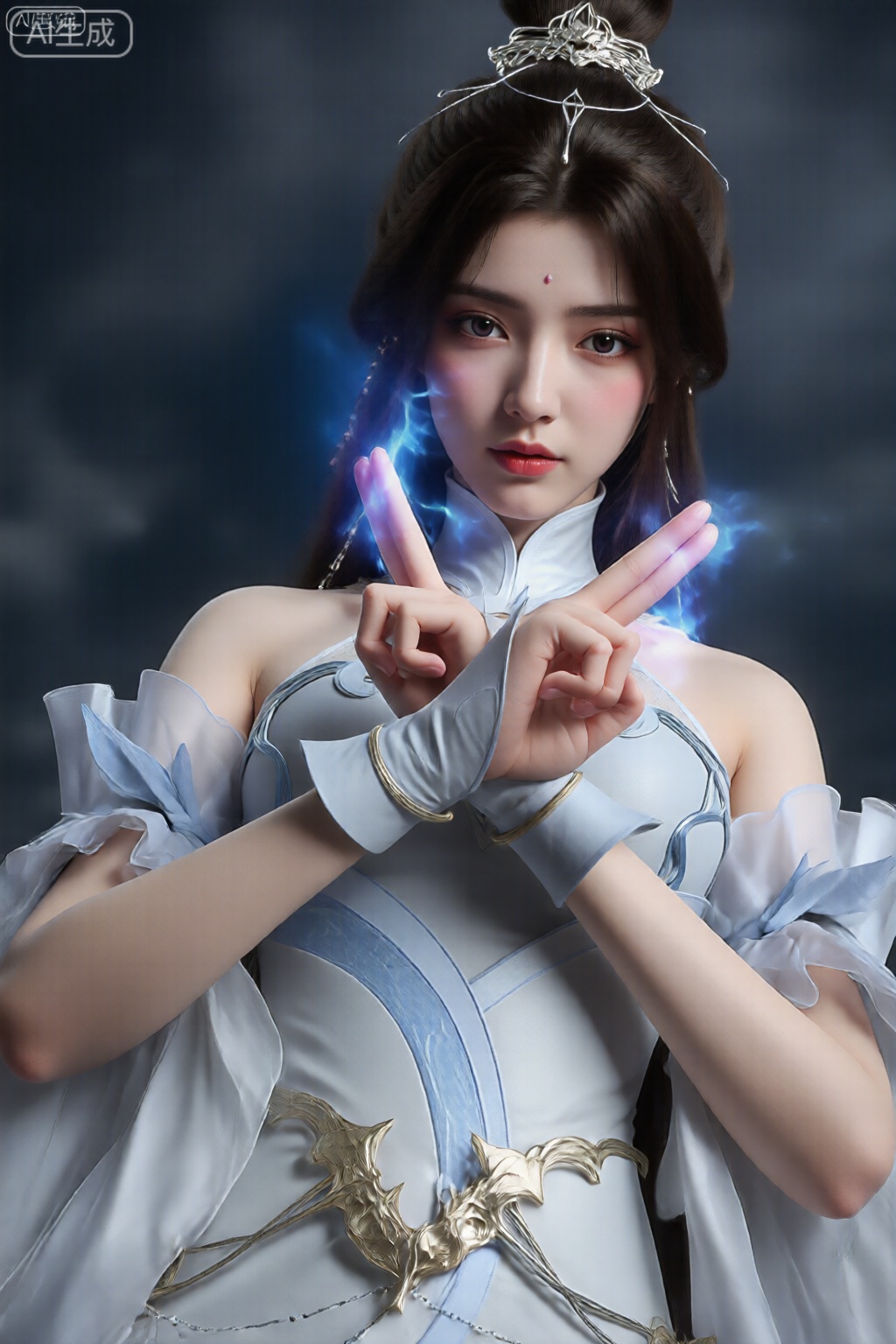 该图像描绘了一个穿着精致的奇幻服装的人。这套服装以白色为主,带有复杂的蓝色和银色点缀。该服装采用飘逸荷叶边袖子和高领设计。胸部区域饰有装饰性金属花卉配饰,增添了华丽的设计。这个人的头发盘成高髻,并用带有花卉图案的银色头饰固定。背景是黑暗多云的天空,增强了戏剧性和神秘的气氛。蓝色的电力般的能量从人的指尖散发出V字手势,为场景增添了动感和神奇的元素。