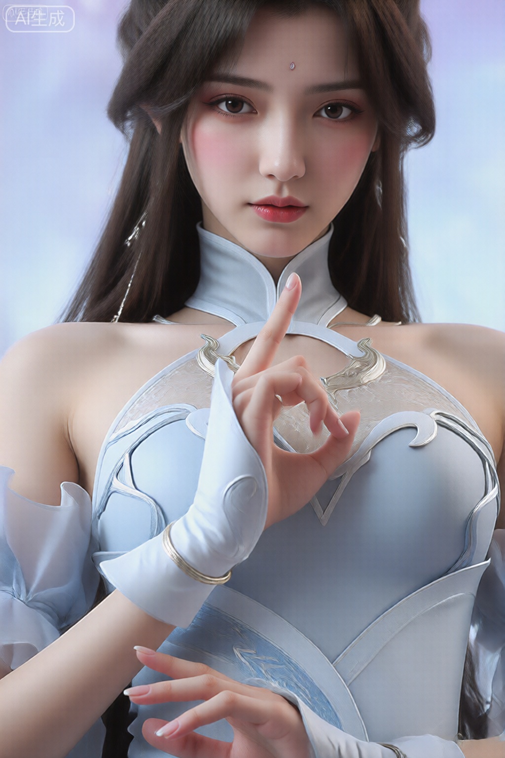 这张照片上的女人有着长长的黑发,长发过肩。她的头发造型光滑、光滑。她肤色苍白,化着淡妆,自然的妆容凸显了她的五官。她的眼睛很大,表情丰富,目光柔和。 她穿着优雅、合身的服装,似乎受到传统或幻想服装的启发。服装以浅蓝色和白色为主,带有复杂的银白色图案和设计。这件衣服采用高领和露肩袖设计,上身的结构感凸显了她的身材。这件衣服的材质看起来很光滑,可能是由缎子或类似的面料制成,赋予它奢华的光泽。 她的双手在图像中占据显着位置,一只手举起,手指以特定的姿势放置,而另一只手则稍低。她戴着白色合身手套,一直延伸到前臂,手套上有银色装饰,一根手指上戴着一枚装饰性戒指。她的指甲很长,修剪得整整齐齐,涂成浅色、自然的色调。 图像的背景柔和而模糊,柔和的色彩与拍摄对象的服装相得益彰。图像整体构图为特写,重点关注女性上半身和双手,营造出亲密细致的刻画。,月婵