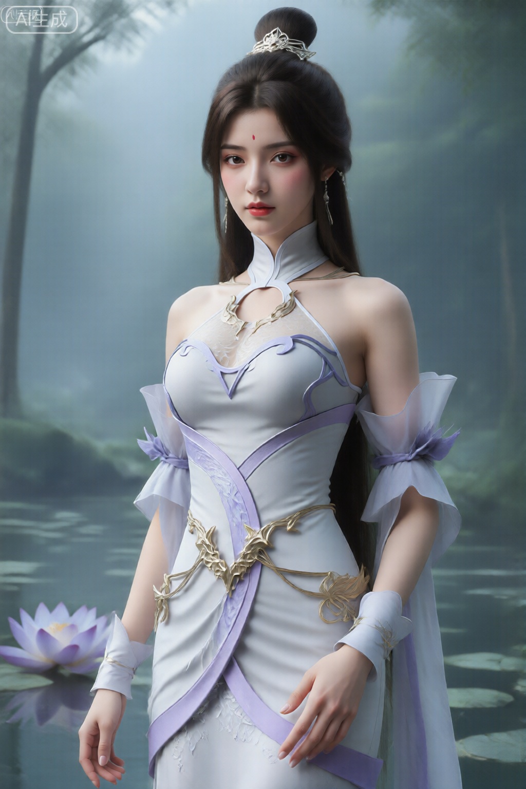该图像描绘了一位年轻女子站在宁静、雾气弥漫的环境中,就像一个被郁郁葱葱的绿色植物包围的宁静的湖泊或池塘。她穿着一件优雅、合身的白色和淡紫色连衣裙,带有复杂的金色和紫色细节。这件连衣裙采用带锁孔开口的高领设计,饰有华丽的金色装饰和精致的花卉图案。她的黑色长发梳成光滑的高发髻,并用带有花卉图案的银色头饰固定。她额头上有一个红色的小宾迪,戴着长长的、悬垂的耳环。背景包括柔软、失焦的树木和靠近水边的一朵盛开的大莲花,增强了场景的空灵和宁静的氛围