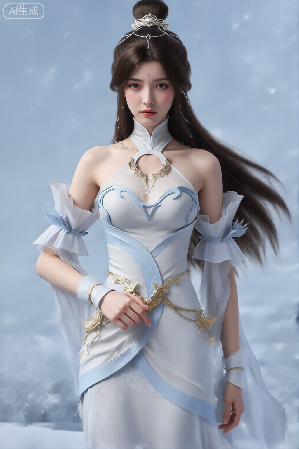 图像描绘了一位留着长发、扎着高发髻、戴着装饰性假发的女性形象。她肤色白皙,佩戴着精致的珠宝,包括项链和耳环。她的着装是一件优雅、合身的礼服,主要是白色,带有浅蓝色点缀和复杂的金色细节。这款连衣裙采用带锁孔镂空的高领设计,并饰有荷叶边袖子和飘逸的斗篷式延伸部分。背景是冰雪皑皑的风景,柔和的蓝色色调,增强了场景的空灵和寒冷的气氛。