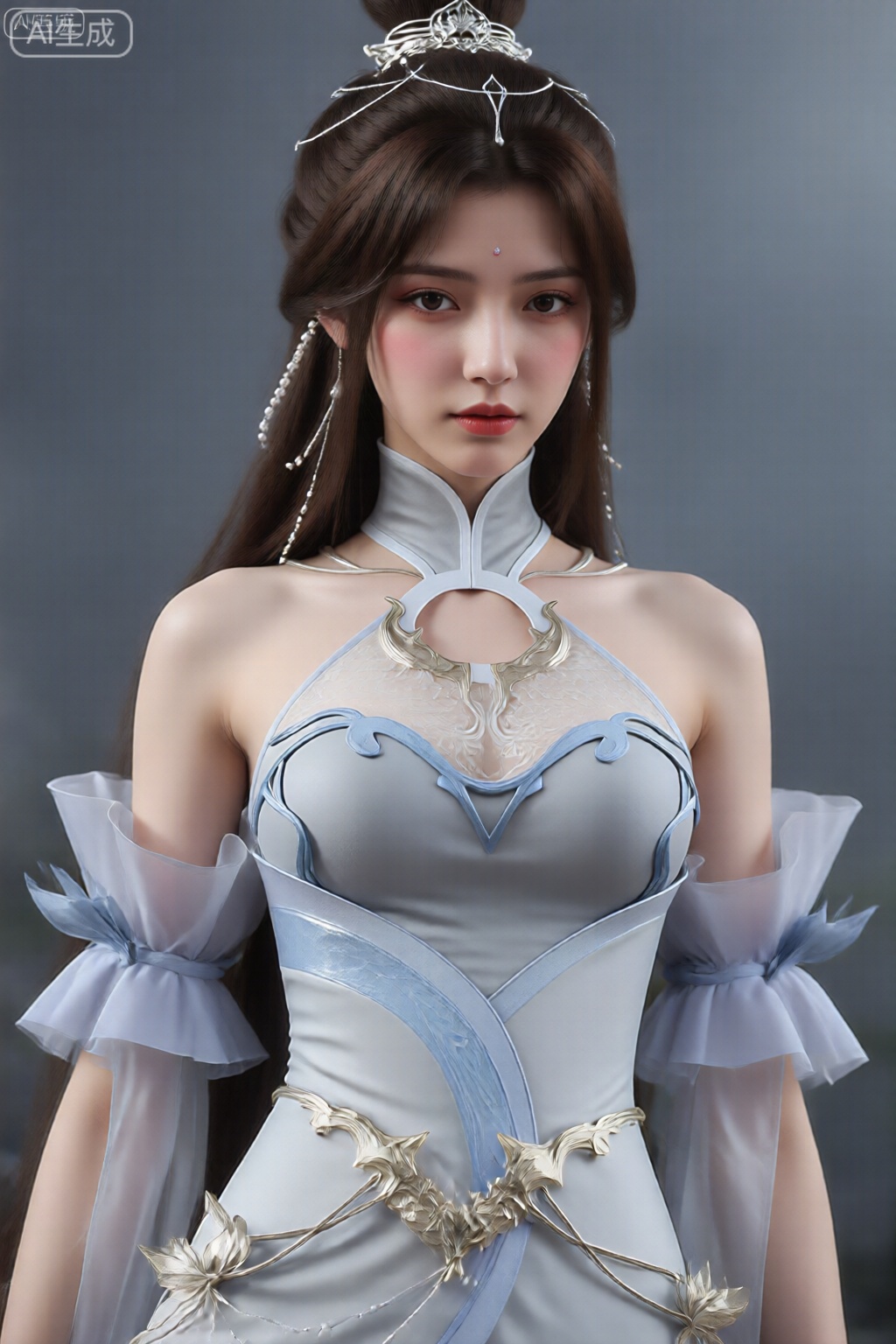 图像显示一位女士穿着精致优雅的服装。她有一头又长又直的头发,在头顶扎成一个高高的、整齐的发髻。头发上装饰着银色头饰,上面有复杂的设计,一串珍珠垂在脸的一侧。她的妆容很微妙,重点是她的眼睛和嘴唇,并用柔和的红色唇膏突出显示。 她穿着一件合身的浅蓝色和白色无袖连衣裙。这件衣服的特点是高领,喉咙处有一个圆形开口,衣身上有银色和蓝色的装饰图案。这款连衣裙设计独特,透明的荷叶边袖子在肘部系结,给人一种精致而空灵的感觉。裙子的腰部和下半部分还有金属和花卉装饰,增添了整体华丽的外观。 背景是朴素的深灰色,有助于强调服装的细节和拍摄对象的特征。总体印象是一种复杂和幻想,暗示着一个来自虚构或历史背景的角色。