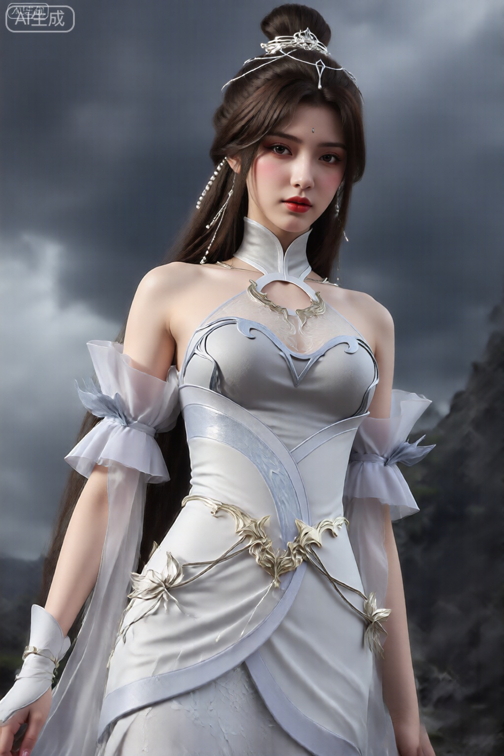 该图像描绘了一位女性,她有一头深棕色的长直发,盘成高髻,戴着装饰性的银色假发,上面有悬挂的珍珠状元素。她穿着精致、飘逸的服装：白色和银色的合身无肩带连衣裙,衣身和裙子上饰有复杂的花卉和叶形金属装饰。这款连衣裙的肩部和袖子采用透明、飘逸的面料装饰,并采用膨化设计并打成蝴蝶结。她的高领是服装的一部分,她的左手戴着一只白色的无指手套。她的妆容很引人注目,涂着大胆的红色唇膏。背景是戏剧性的多云天空,乌云密布,远处是岩石山地景观,增强了幻想或角色扮演的美感。整体构图强调优雅、复杂的设计和超凡脱俗的美感。