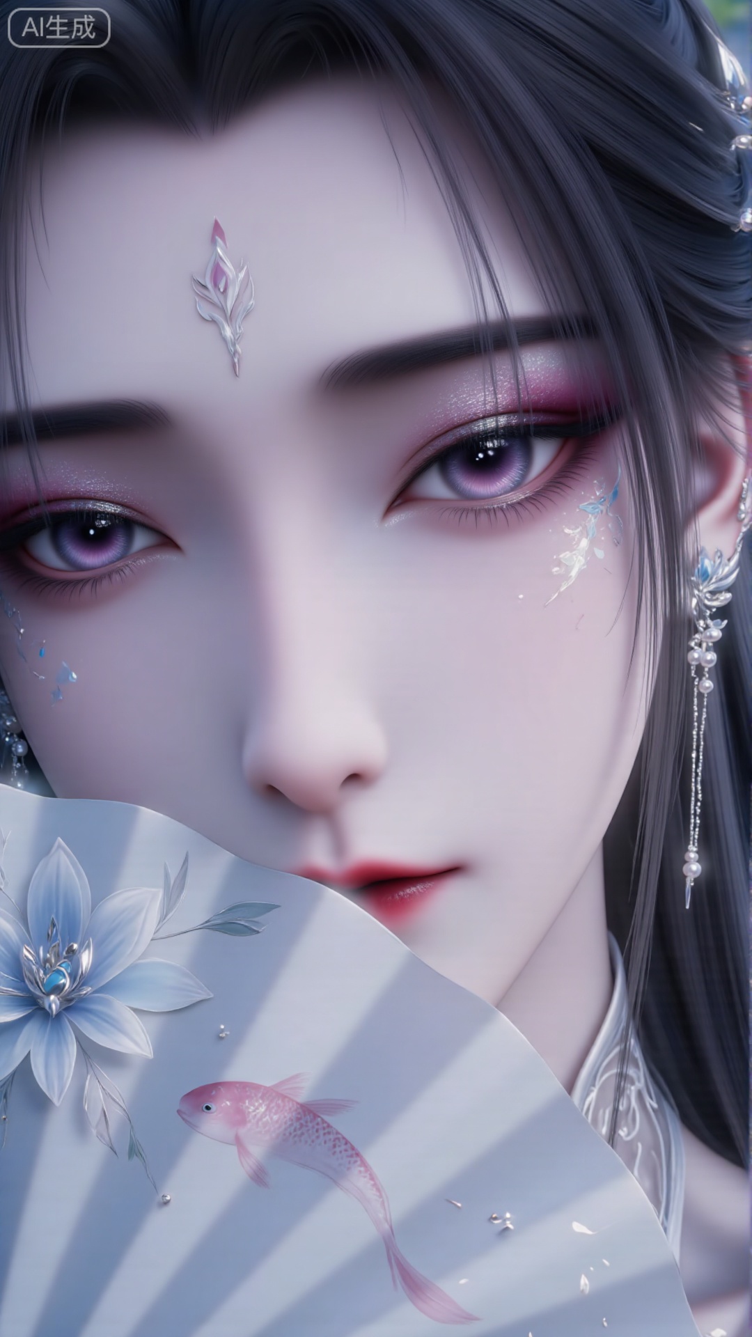 Black-haired woman, blue eyes, eye makeup with glitter pink, pink carp beside her cheeks, and a fan decorated with bamboo leaves and white flowers covers half of her face, close-up of half of her face. Wear long tassel earrings, with gem embellishments, close-ups of the face, ancient style, and beautiful style.,Xlihanyi,1girl,xb,Obvious glitter,JMJMGFGF A close-up of a woman's face decorated with blue and white flowers. The eyes are decorated with glitter eye shadow, which adds a touch of bright color to the original monochrome scene. The woman's eyes are covered with a shiny reflective substance, which adds depth to the composition.