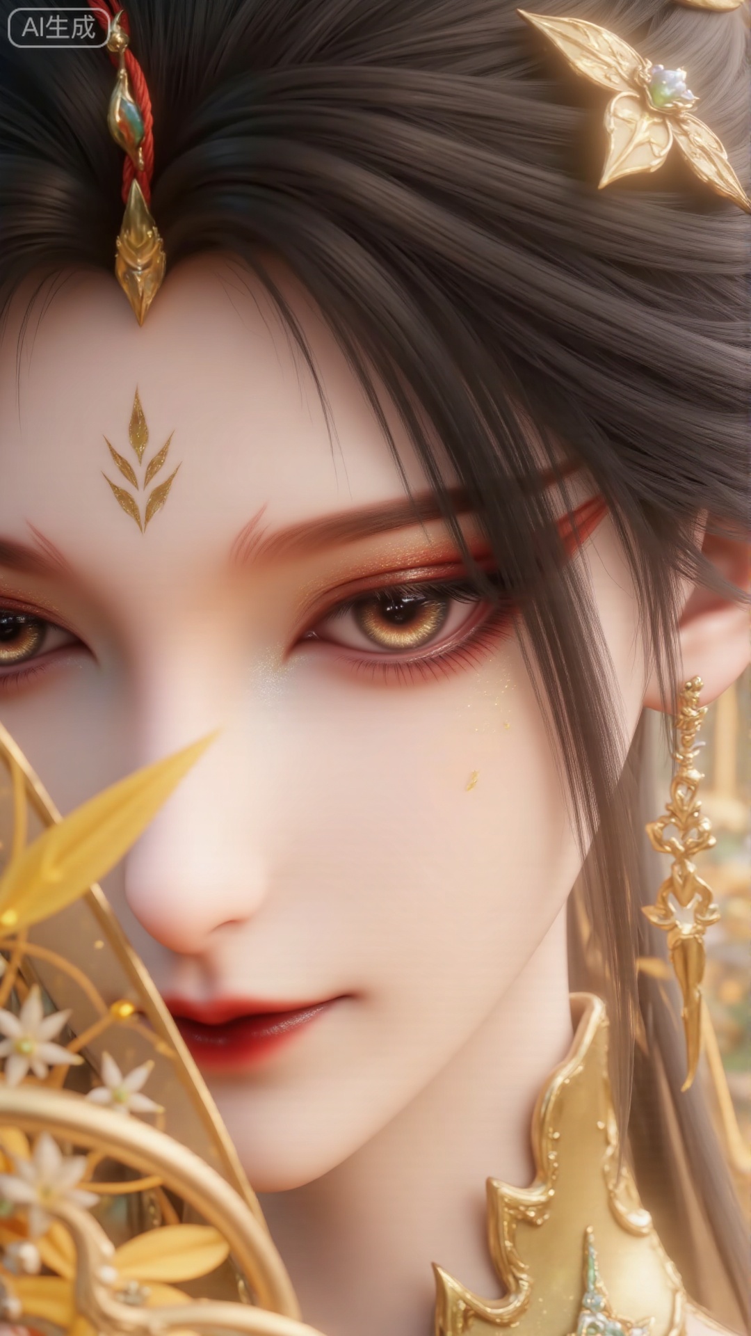 Black-haired woman, with yellow eyes, eye makeup with glitter, yellow carp beside her cheeks, a fan decorated with bamboo leaves and white flowers covering half of her face, a close-up of half of her face. Wear long tassel earrings, embellished with precious stones, close-up face, ancient style, very nice style. , Xlihanyi, a girl, xb,Obvious glitter