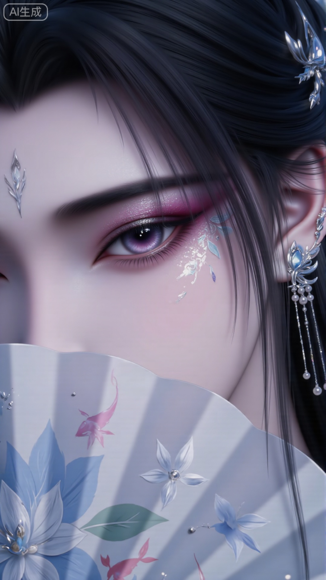 Black-haired woman, blue eyes, eye makeup with glitter pink, pink carp beside her cheeks, and a fan decorated with bamboo leaves and white flowers covers half of her face, close-up of half of her face. Wear long tassel earrings, with gem embellishments, close-ups of the face, ancient style, and beautiful style.,Xlihanyi,1girl,xb,Obvious glitter,JMJMGFGF A close-up of a woman's face decorated with blue and white flowers. The eyes are decorated with glitter eye shadow, which adds a touch of bright color to the original monochrome scene. The woman's eyes are covered with a shiny reflective substance, which adds depth to the composition.