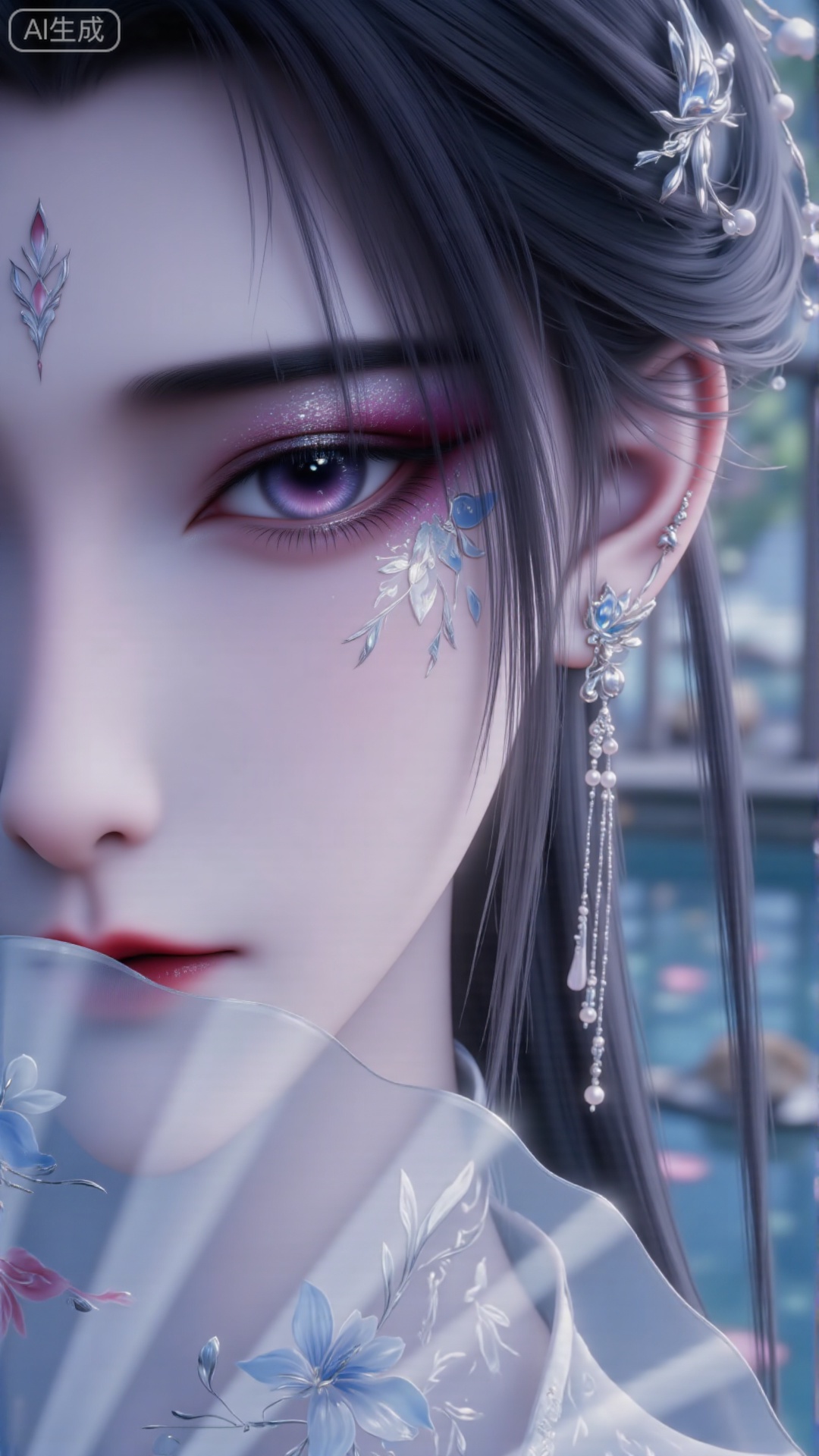 Black-haired woman, blue eyes, eye makeup with glitter pink, pink carp beside her cheeks, and a fan decorated with bamboo leaves and white flowers covers half of her face, close-up of half of her face. Wear long tassel earrings, with gem embellishments, close-ups of the face, ancient style, and beautiful style.,Xlihanyi,1girl,xb,Obvious glitter,JMJMGFGF A close-up of a woman's face decorated with blue and white flowers. The eyes are decorated with glitter eye shadow, which adds a touch of bright color to the original monochrome scene. The woman's eyes are covered with a shiny reflective substance, which adds depth to the composition.