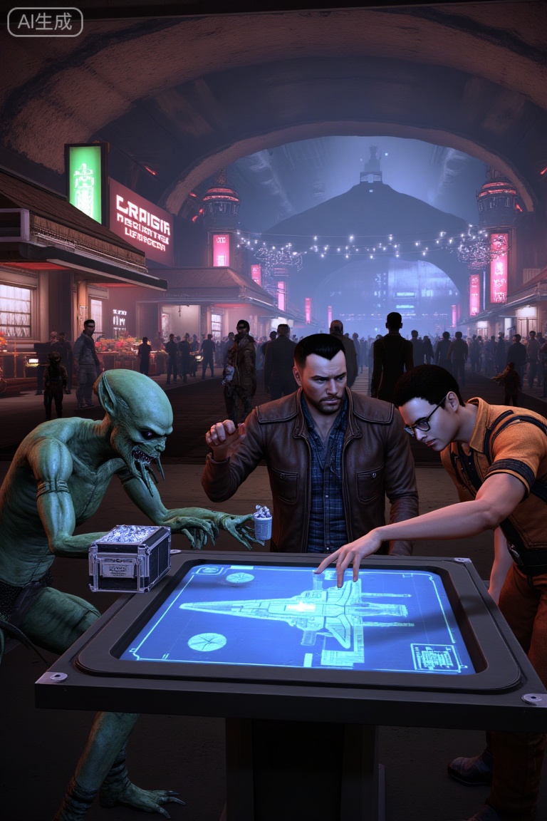 A scene from the video game Mass Effect. In a bustling, neon-lit alien marketplace tucked within a hollowed-out asteroid, three men are gathered around a holographic trade table. The central figure, a grizzled smuggler with a patch over his left eye and a weathered leather jacket, slams a fist on the table, holographic blue schematics of a stolen starship flickering above it. To his left, a sleek alien merchant with iridescent green skin and tendrils framing its face leans back, clicking its mandibles in amusement, claws tapping a small case of glowing energy crystals. On the right, a young human tech specialist in a faded orange jumpsuit leans in, pointing at a flaw in the schematics, his glasses reflecting the neon lights. Behind them, crowds of various alien species bustle—some with multiple eyes, others with exoskeletons—haggling over weapons and artifacts. The market walls are lined with rusted metal stalls, strings of bioluminescent lanterns casting green and pink glows, and a distant airlock hissing as a cargo ship docks. The air smells of ozone and exotic spices, buzzing with the chaotic energy of a black-market deal on the verge of turning sour.