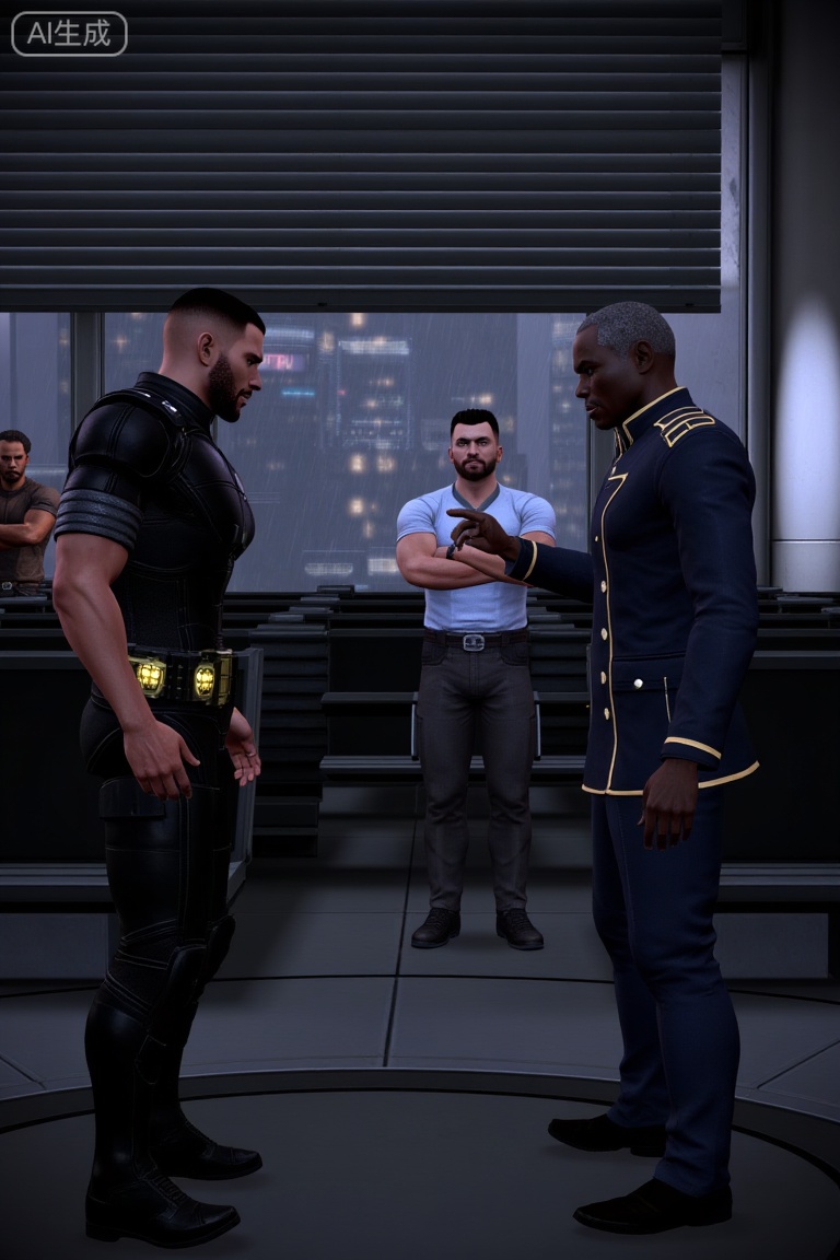 A scene from the video game Mass Effect. In a dimly lit, futuristic space station corridor that doubles as a grand office area, two men are arguing intensely. The man on the left has short dark hair, a beard, and wears a black tactical suit with gold accents and a glowing waist device. The man on the right, an older Black man, sports a dark blue uniform with gold trim and epaulets, pointing confrontationaly. Behind them, a muscular bodyguard in a light blue short-sleeve shirt and dark pants stands with arms crossed. Another figure in dark clothing is partially visible in the background. Rows of black benches and a large window with blinds reveal a rainy, futuristic urban landscape outside. The atmosphere is tense and dramatic, capturing a pivotal narrative moment.