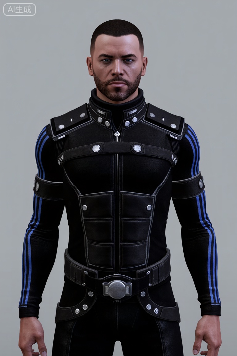 1man,3D,Game NPC characters,solo,manly, The picture shows a man wearing a futuristic battle suit. His clothing is mainly black, and the material looks tough and protective, appearing to be some kind of high-tech synthetic material. The clothing is dotted with multiple silver round parts, which may be used to secure other equipment or function as functional operation buttons. The shoulders and chest are equipped with wide black straps. These straps not only add layering and toughness to the clothing, but may also protect key parts of the body. The sleeves are decorated with blue lines, which contrast sharply with the black main body, making the overall shape more visually impactful. This combat uniform perfectly fits the style of combatants in science fiction themes, showing a sense of technology and power.