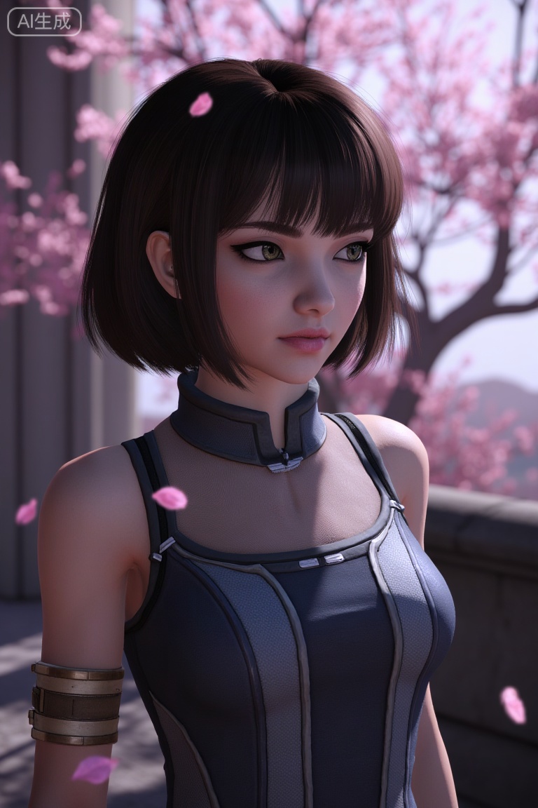 3D,Game NPC characters,solo,1girl,beautiful girl,beautiful eyes, falling petals, blurry background,Mass Effect Game Characters