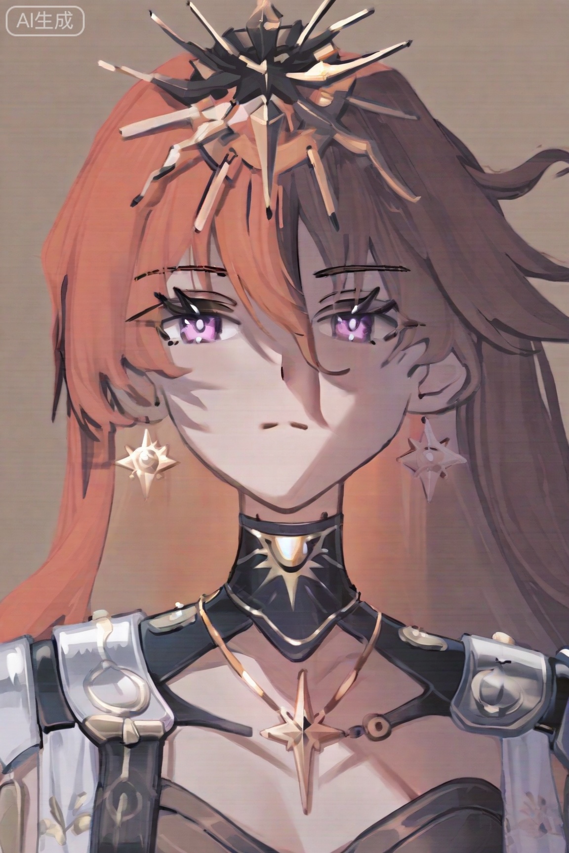 augusta\(Wuthering Waves\), 1girl, jewelry, earrings, solo, long hair, hair between eyes, portrait, orange hair, closed mouth, red hair, looking at viewer, purple eyes, brown background, simple background, necklace