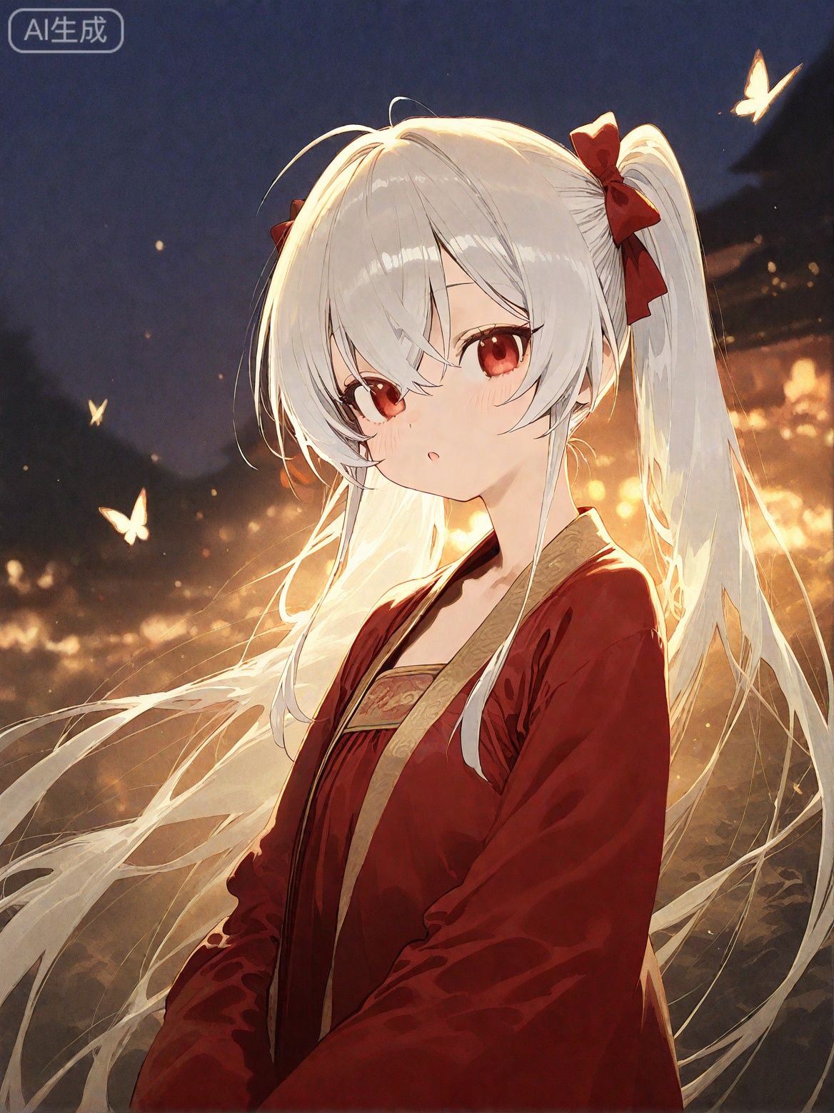 masterpiece,best quality,high quality,loli,chromatic_aberration,//, (pakosun:0.8), modare, abara heiki, (ciloranko:0.8), SharkLJ, night,1girl,solo,long hair,looking at viewer,blush,bangs,red eyes,long sleeves,twintails,very long hair,upper body,white hair,hair bow,parted lips,hanfu,Red Hanfu,blurry,:o,floating hair,depth of field,animal,bug,butterfly,//,//,official art,depth of field,detailed light,blurry background,cinematic lighting,ray tracing,ultra detailed,god rays,backlighting,photo background,film grain,chromatic aberration,volumetric lighting,depth of field,blurry background,shiny skin,floating hair,cinematic lighting,day,very aesthetic, 