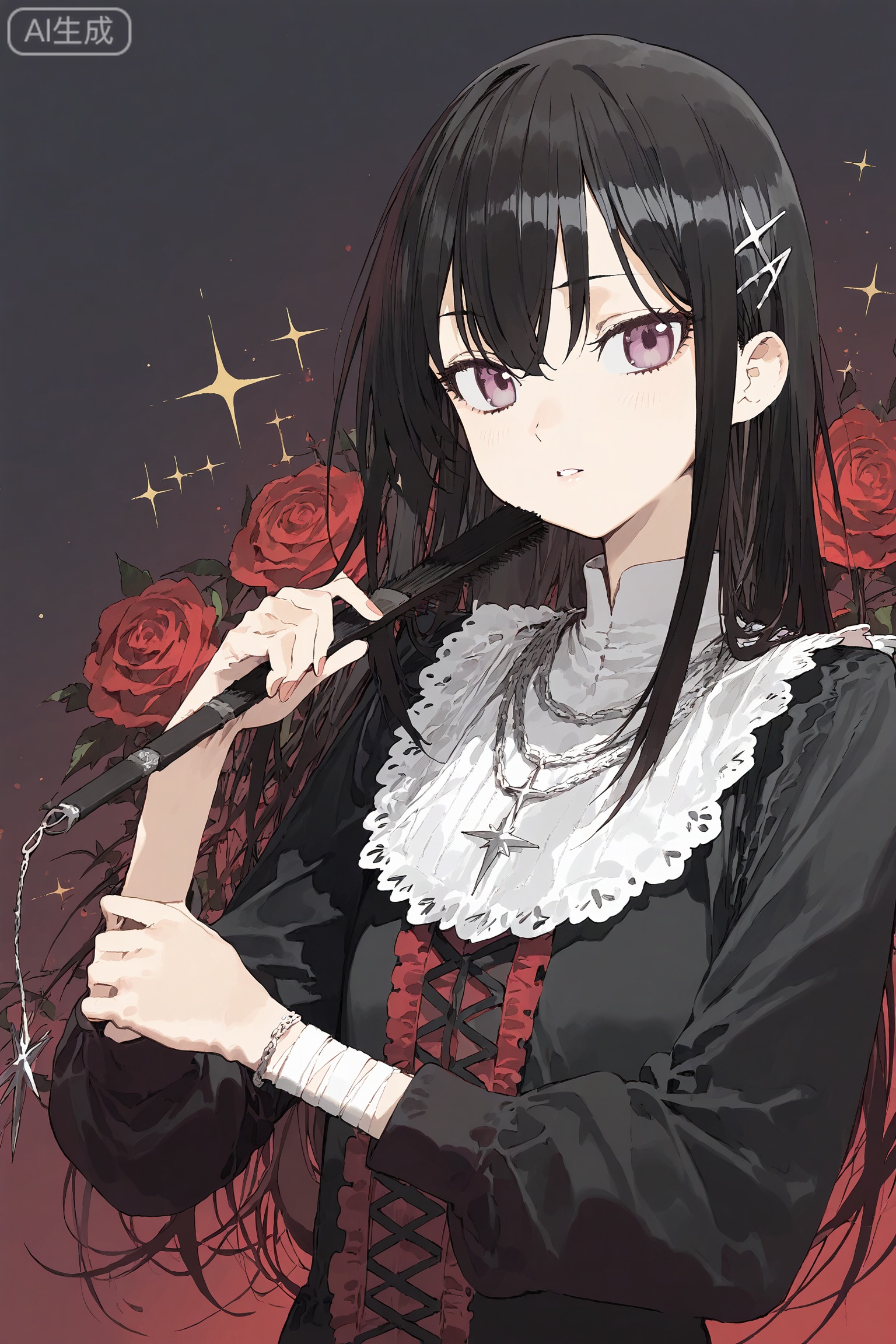 SharkLJ, 1girl, solo, long black hair with wispy bangs, gradient black-pink eyes, domineering look, hair ornament (black star crystal + silver chain), holding a black lace fan, upper_body, black long sleeves with red frills, cross pendant necklace, sparkle_background (black with red starlets), bandage (white) on wrist, red lips, simple background (gradient black-pink), hair clip (red rose), (pakosun:0.8), modare, artist: modare, abara heiki, (ciloranko:0.8),