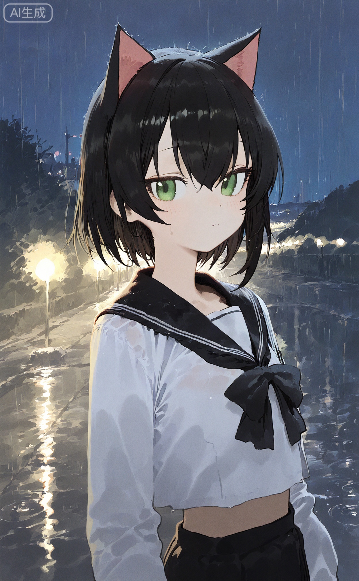 masterpiece,highres,absurdres,newest,best quality,petite,high quality,chromatic_aberration, SharkLJ, 
//,
animal_ears, 1girl, black_hair, sailor_collar, solo, short_hair, cat_ears, school_uniform, serafuku, black_sailor_collar, upper_body, rain, shirt, white_shirt, long_sleeves, night, closed_mouth, scenery, bangs, (pakosun:0.8), modare, artist: modare, abara heiki,
//,
(pakosun:0.8), modare, artist: modare, abara heiki, (ciloranko:0.8), 