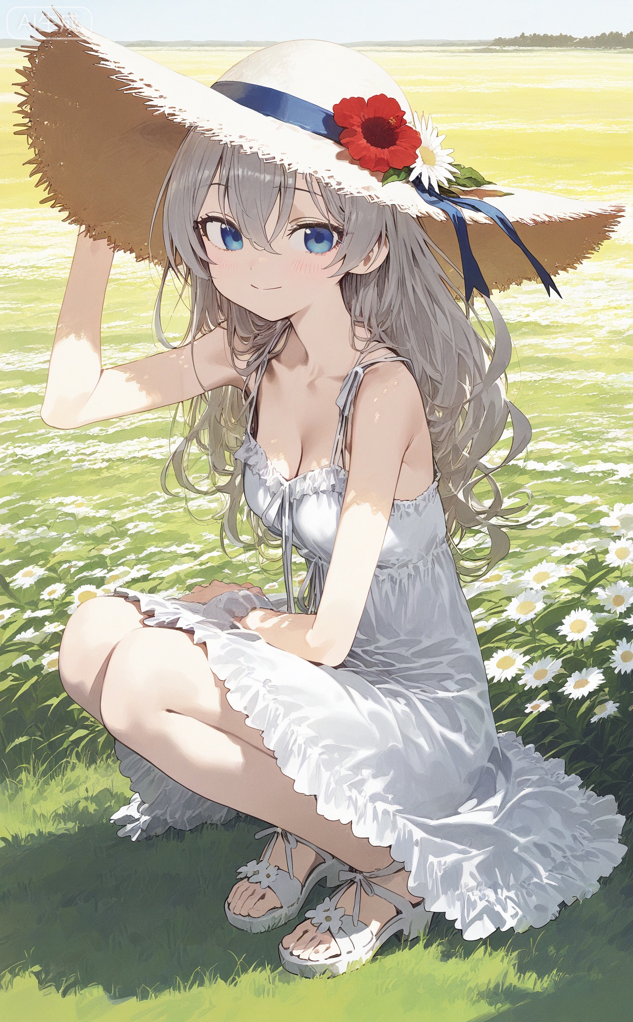 masterpiece,highres,absurdres,newest,best quality,loli,petite,high quality,chromatic_aberration,
SharkLJ, //,
1girl, solo, long hair, breasts, looking at viewer, blush, smile, bangs, blue eyes, hat, dress, cleavage, hair between eyes, bare shoulders, medium breasts, closed mouth, collarbone, flower, grey hair, small breasts, outdoors, day, white dress, arm up, sleeveless dress, wavy hair, sandals, squatting, white footwear, grass, white flower, red flower, sun hat, straw hat, hat flower, hand on headwear, field, flower field, 
//,
(pakosun:0.8), modare, artist: modare, abara heiki, (ciloranko:0.8), 
