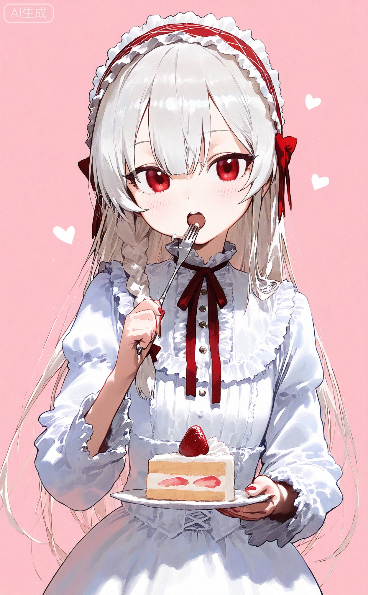 masterpiece,highres,absurdres,newest,best quality,loli,petite,high quality,chromatic_aberration,
SharkLJ, //,
1girl, food, strawberry, fruit, braid, cake, strawberry shortcake, solo, red eyes, fork, plate, lolita hairband, cake slice, holding, white hair, blush, long hair, holding fork, holding plate, looking at viewer, dress, red nails, lolita fashion, open mouth, bow, nail polish, upper body, ribbon, eating, hairband, white dress, single braid, red bow, long sleeves, frills, red ribbon, hair bow, pink background
//,
(pakosun:0.8), modare, artist: modare, abara heiki, (ciloranko:0.8), 
