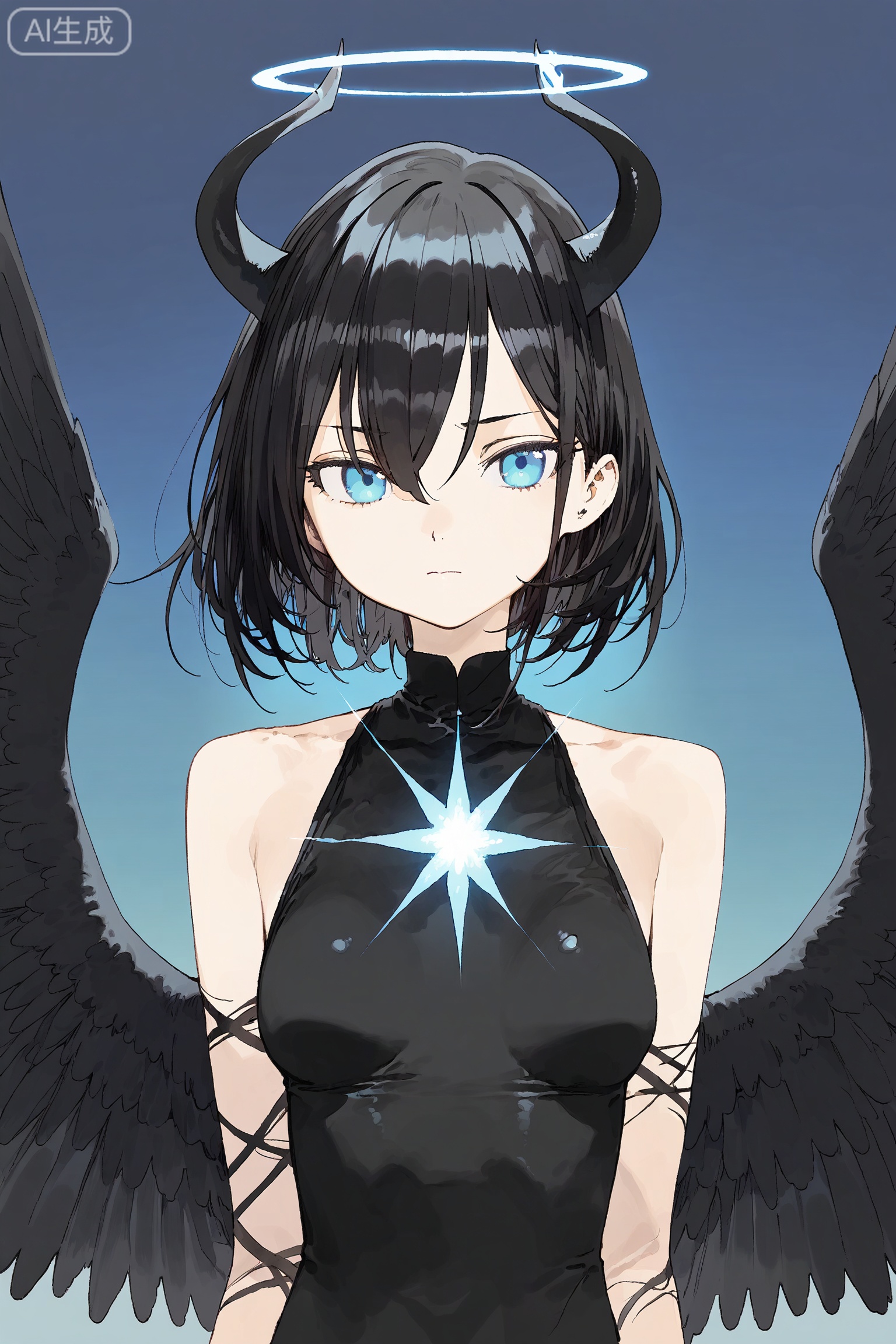 1girl, solo, horns, wings, solo, blue eyes, looking at viewer, black hair, breasts, short hair, upper body, hair between eyes, feathered wings, closed mouth, halo, glowing, bare shoulders, bangs,SharkLJ,(pakosun:0.8), modare, artist: modare, abara heiki, (ciloranko:0.8),