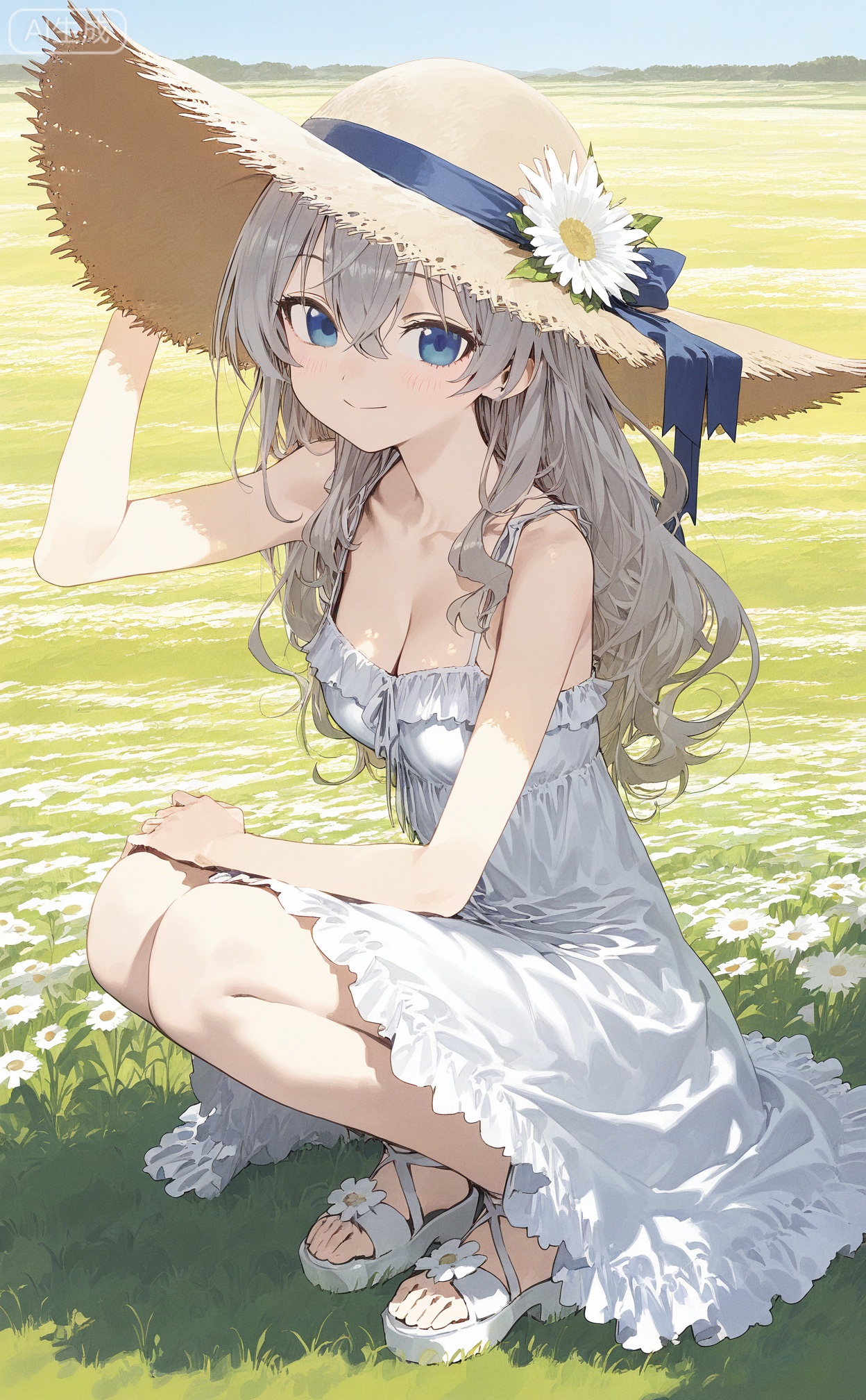 masterpiece,highres,absurdres,newest,best quality,loli,petite,high quality,chromatic_aberration,
SharkLJ, //,
1girl, solo, long hair, breasts, looking at viewer, blush, smile, bangs, blue eyes, hat, dress, cleavage, hair between eyes, bare shoulders, medium breasts, closed mouth, collarbone, flower, grey hair, small breasts, outdoors, day, white dress, arm up, sleeveless dress, wavy hair, sandals, squatting, white footwear, grass, white flower, red flower, sun hat, straw hat, hat flower, hand on headwear, field, flower field, 
//,
(pakosun:0.8), modare, artist: modare, abara heiki, (ciloranko:0.8), 