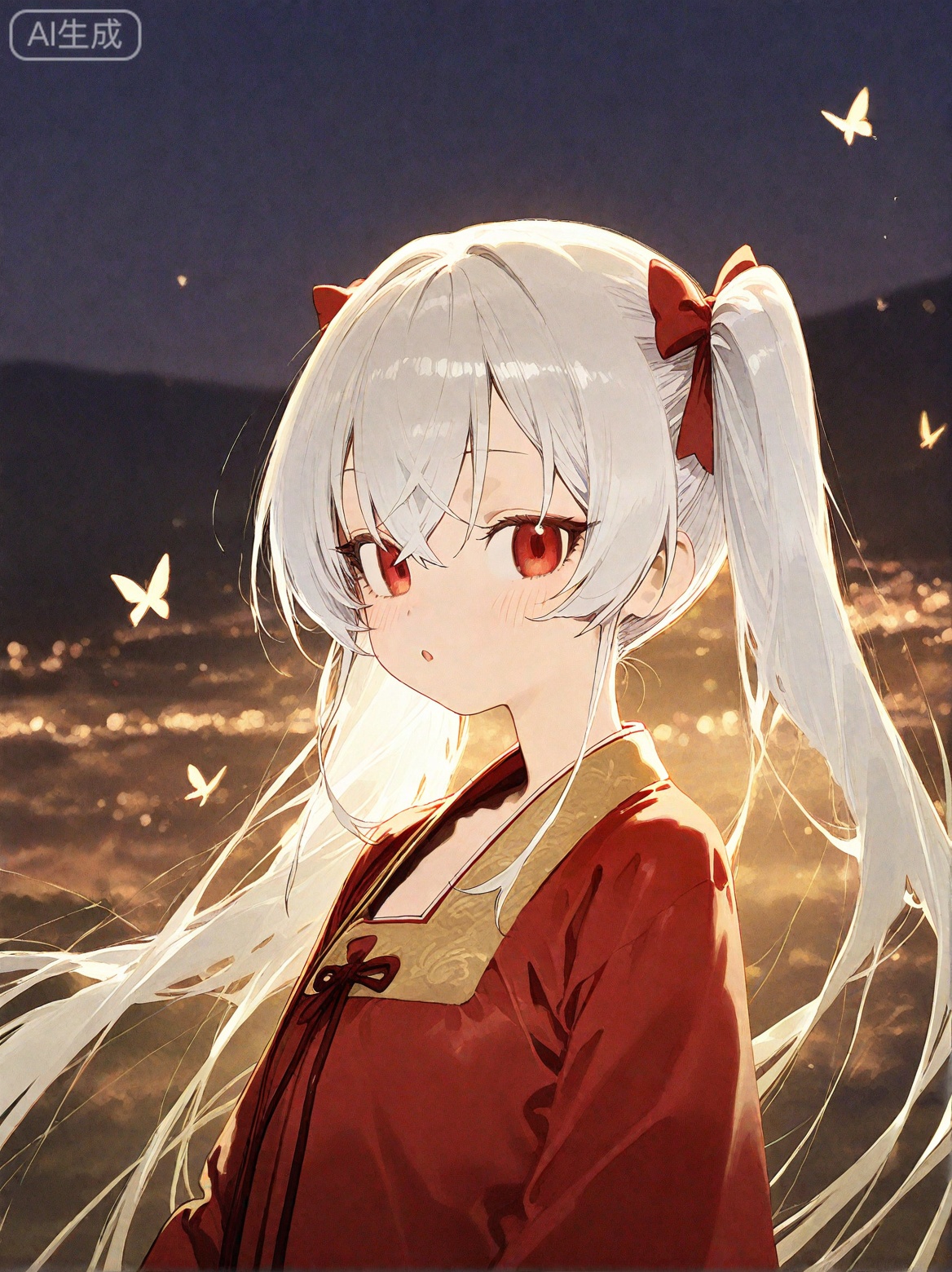 masterpiece,best quality,high quality,loli,chromatic_aberration,//, (pakosun:0.8), modare, abara heiki, (ciloranko:0.8), SharkLJ, night,1girl,solo,long hair,looking at viewer,blush,bangs,red eyes,long sleeves,twintails,very long hair,upper body,white hair,hair bow,parted lips,hanfu,Red Hanfu,blurry,:o,floating hair,depth of field,animal,bug,butterfly,//,//,official art,depth of field,detailed light,blurry background,cinematic lighting,ray tracing,ultra detailed,god rays,backlighting,photo background,film grain,chromatic aberration,volumetric lighting,depth of field,blurry background,shiny skin,floating hair,cinematic lighting,day,very aesthetic, 