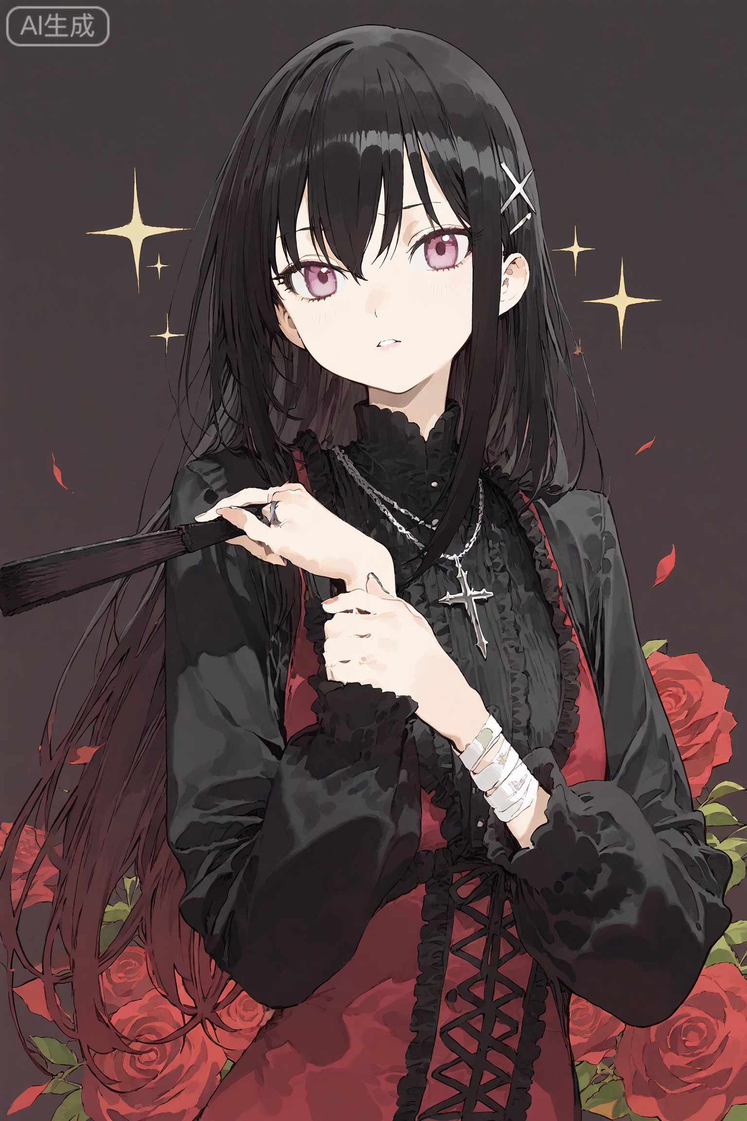 SharkLJ, 1girl, solo, long black hair with wispy bangs, gradient black-pink eyes, domineering look, hair ornament (black star crystal + silver chain), holding a black lace fan, upper_body, black long sleeves with red frills, cross pendant necklace, sparkle_background (black with red starlets), bandage (white) on wrist, red lips, simple background (gradient black-pink), hair clip (red rose), (pakosun:0.8), modare, artist: modare, abara heiki, (ciloranko:0.8),