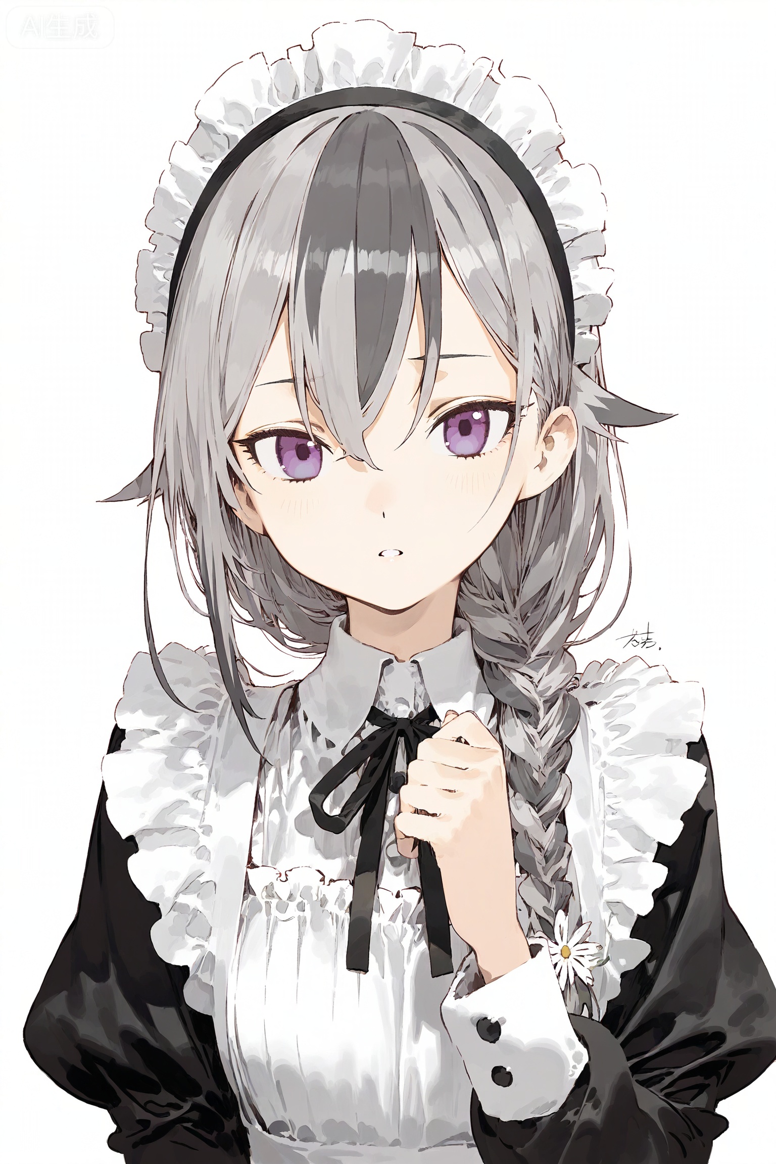 1girl, solo, long hair, looking at viewer, bangs, simple background, hair ornament, white background, dress, purple eyes, upper body, braid, flower, grey hair, multicolored hair, frills, parted lips, signature, apron, maid, maid headdress, maid apron,SharkLJ,(pakosun:0.8), modare, artist: modare, abara heiki, (ciloranko:0.8),