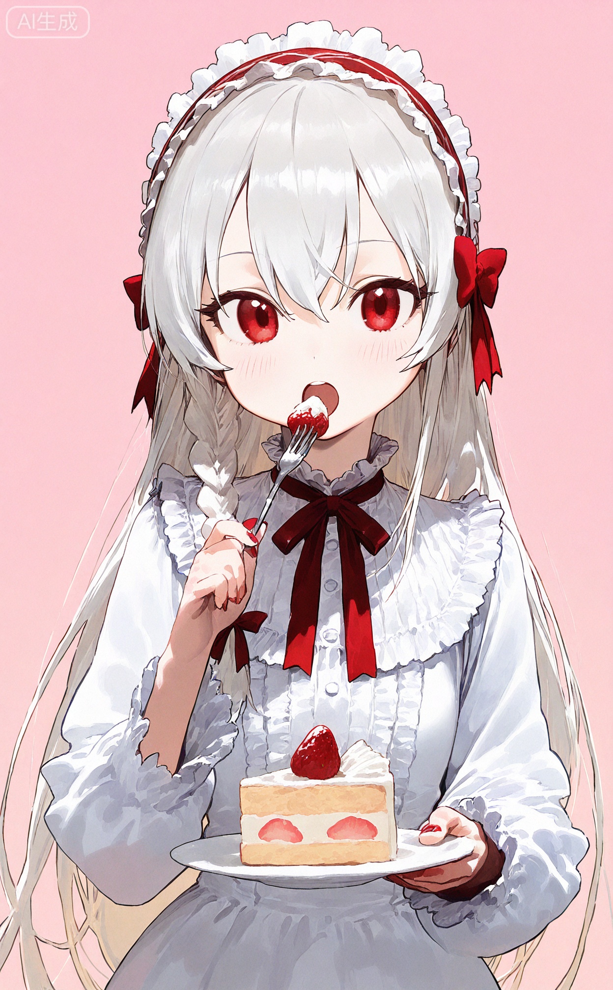 masterpiece,highres,absurdres,newest,best quality,loli,petite,high quality,chromatic_aberration,
SharkLJ, //,
1girl, food, strawberry, fruit, braid, cake, strawberry shortcake, solo, red eyes, fork, plate, lolita hairband, cake slice, holding, white hair, blush, long hair, holding fork, holding plate, looking at viewer, dress, red nails, lolita fashion, open mouth, bow, nail polish, upper body, ribbon, eating, hairband, white dress, single braid, red bow, long sleeves, frills, red ribbon, hair bow, pink background
//,
(pakosun:0.8), modare, artist: modare, abara heiki, (ciloranko:0.8), 