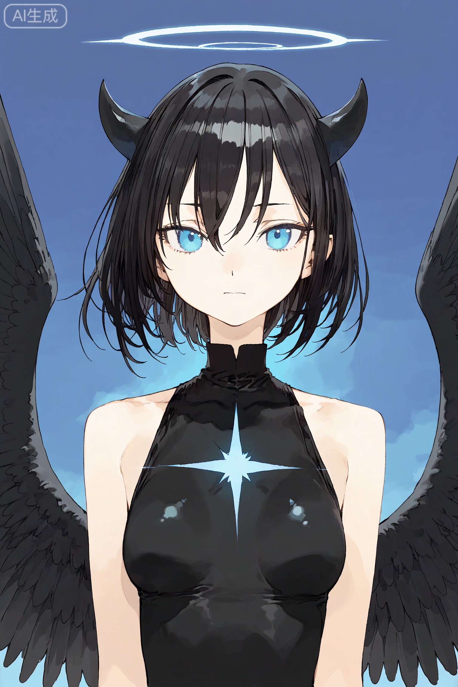 1girl, solo, horns, wings, solo, blue eyes, looking at viewer, black hair, breasts, short hair, upper body, hair between eyes, feathered wings, closed mouth, halo, glowing, bare shoulders, bangs,SharkLJ,(pakosun:0.8), modare, artist: modare, abara heiki, (ciloranko:0.8),