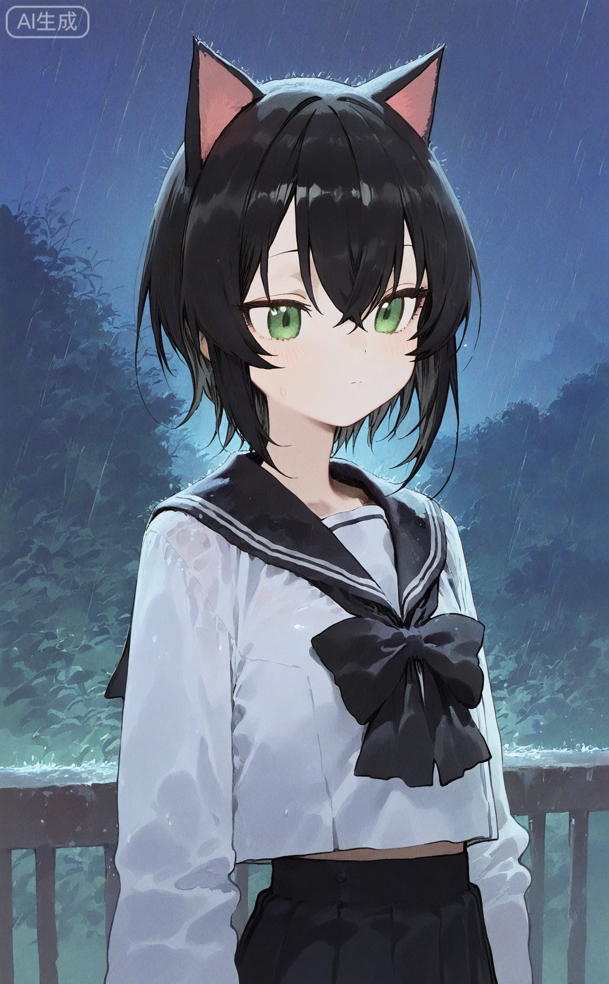 masterpiece,highres,absurdres,newest,best quality,petite,high quality,chromatic_aberration, SharkLJ, 
//,
animal_ears, 1girl, black_hair, sailor_collar, solo, short_hair, cat_ears, school_uniform, serafuku, black_sailor_collar, upper_body, rain, shirt, white_shirt, long_sleeves, night, closed_mouth, scenery, bangs, (pakosun:0.8), modare, artist: modare, abara heiki,
//,
(pakosun:0.8), modare, artist: modare, abara heiki, (ciloranko:0.8), 