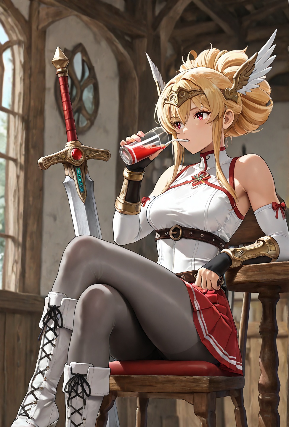 (4K UHD),  : A beautiful Valkyrie with long blonde hair and striking amber eyes stands in an old-fashioned bar filled with...