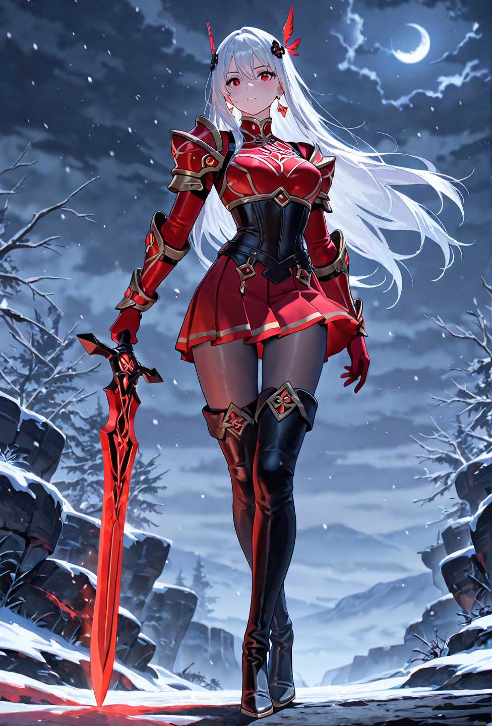 Masterpiece,  Anime Style: A lovely valkyrie in white practices her combat art in the middle of a forested ground area dur...