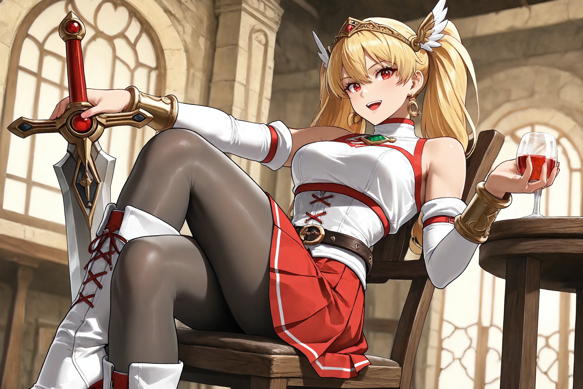 (4K UHD),  : In a fulld body view from the ground point of view,  A beautiful Valkyrie with long blonde hair and striking...