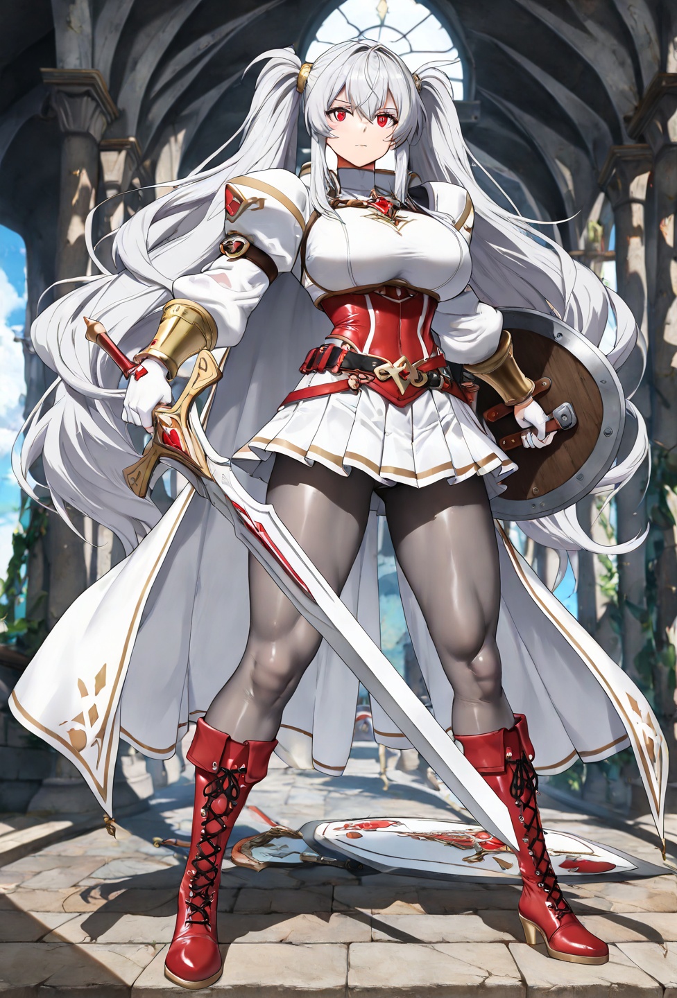 (4K UHD),  :A beautiful valkyrie in her attack stance modeling in a castle high in the mountains.Valkyrie Light Armor: whi...