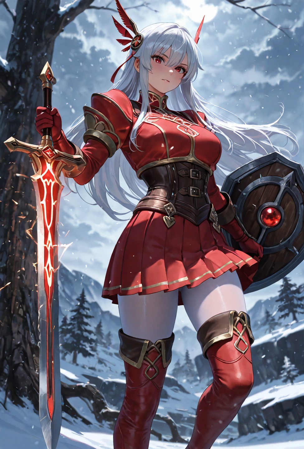 Masterpiece,  Anime Style: A lovely valkyrie in white practices her combat art in the middle of a forested ground area dur...