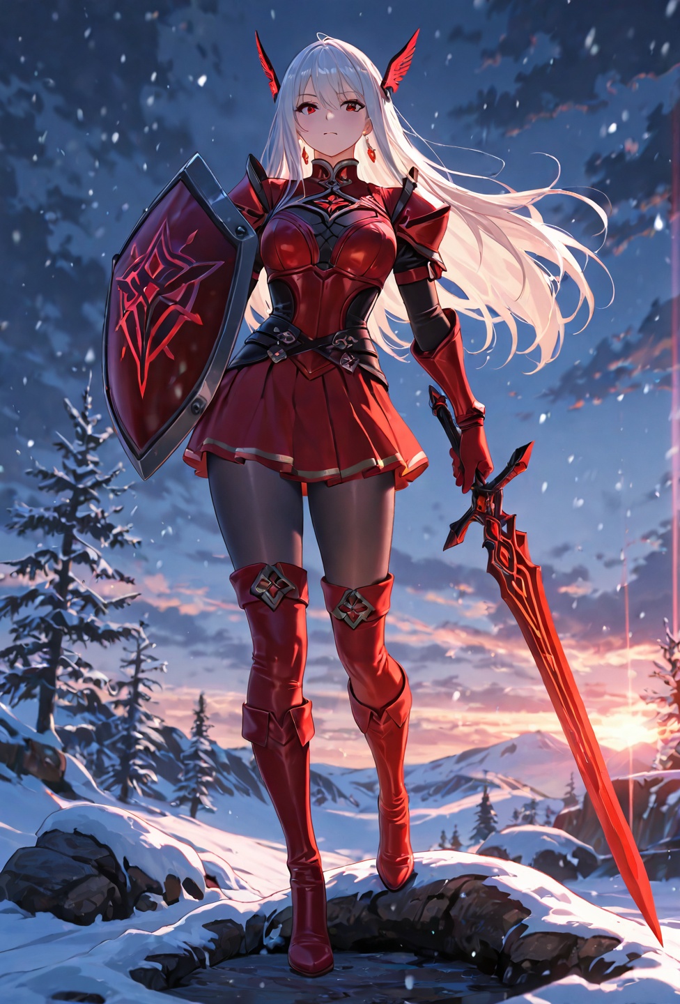 Masterpiece,  Anime Style: A lovely valkyrie in white practices her combat art in the middle of a forested ground area dur...