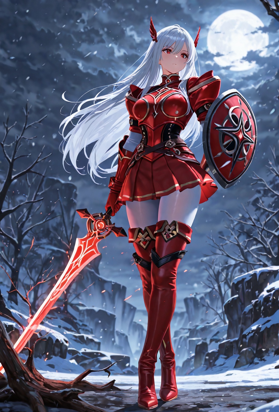 Masterpiece,  Anime Style: A lovely valkyrie in white practices her combat art in the middle of a forested ground area dur...