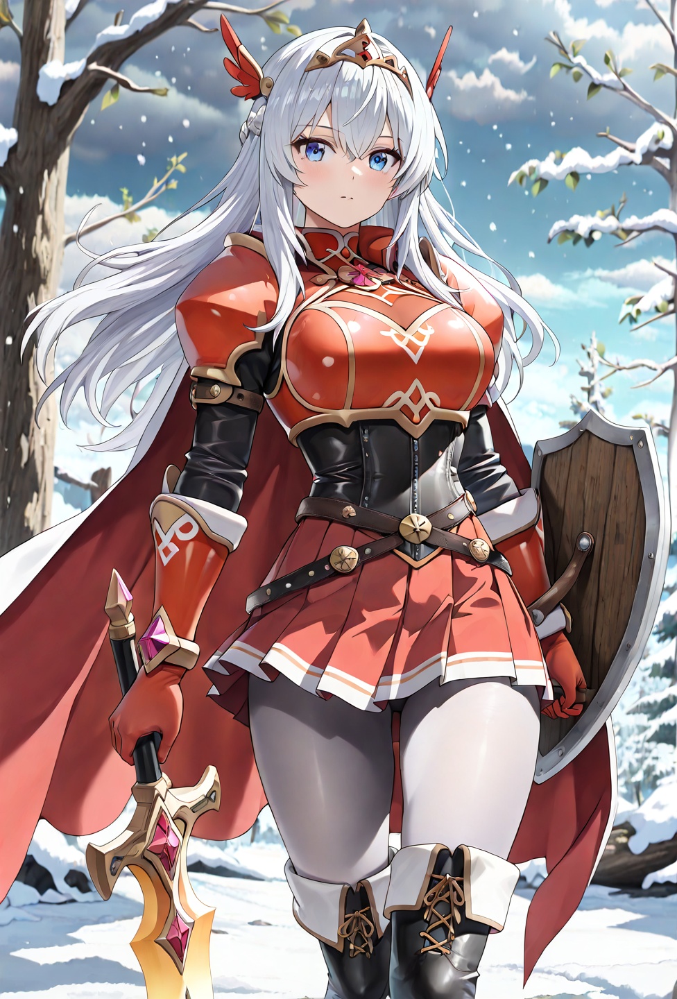 (4K UHD),  :Masterpiece,  Anime Style: A lovely valkyrie in white practices her combat art in the middle of a forested gro...