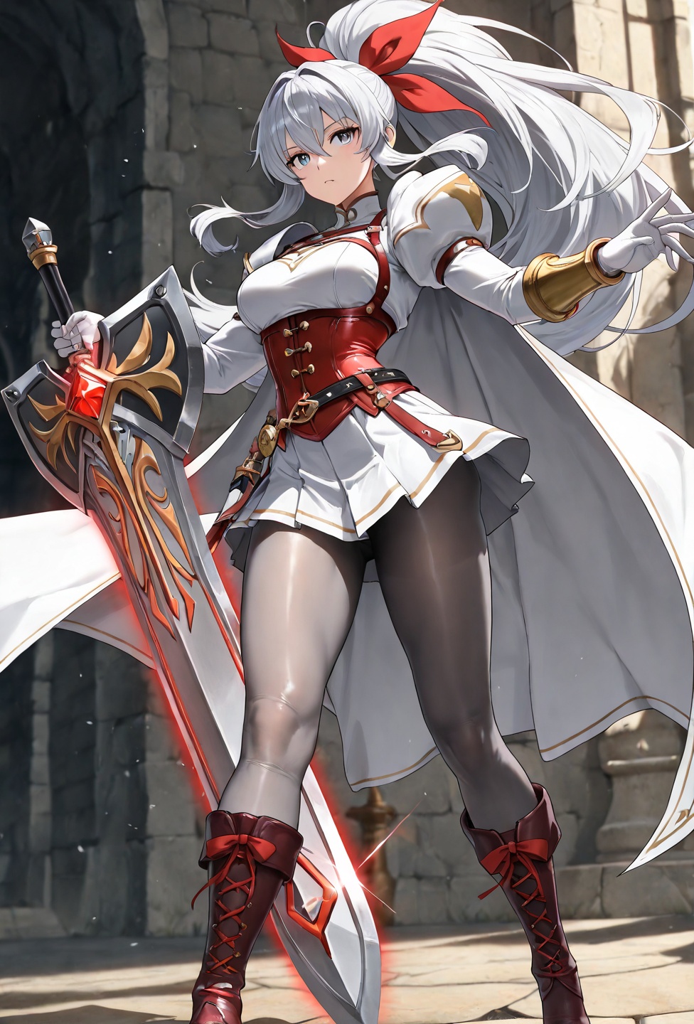 (4K UHD),  :A beautiful valkyrie in her attack stance modeling in a castle high in the mountains.Valkyrie Light Armor: whi...